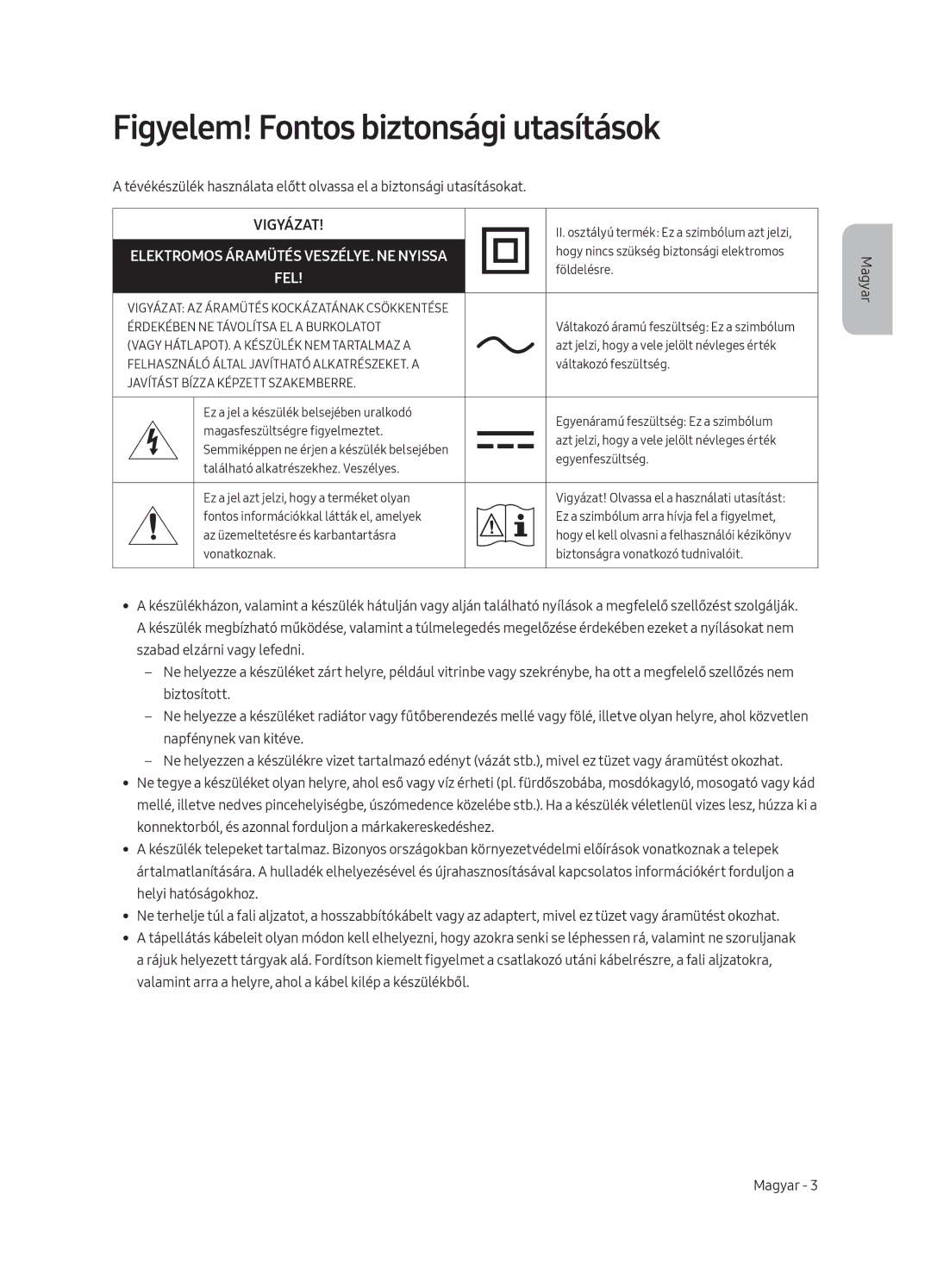 Samsung QE75Q8CAMTXXC, QE65Q8CAMTXZG, QE55Q8CAMTXXH, QE65Q8CAMTXXH manual Figyelem! Fontos biztonsági utasítások, Vigyázat 