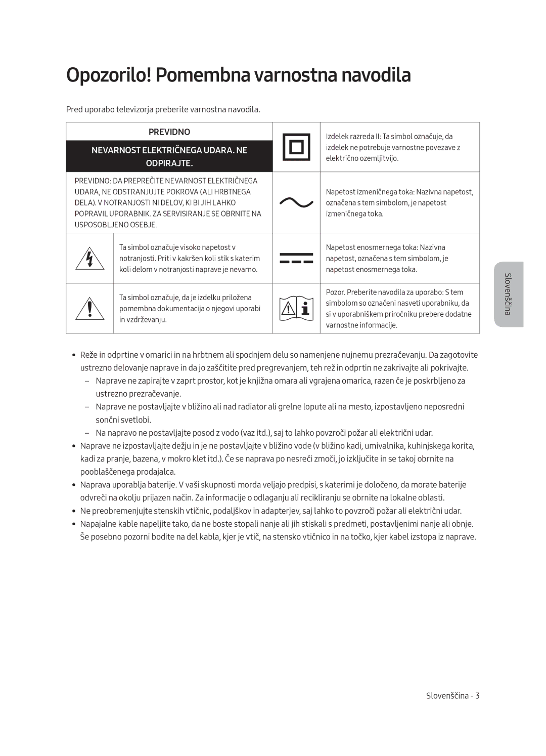 Samsung QE55Q8CAMTXXC, QE65Q8CAMTXZG manual Opozorilo! Pomembna varnostna navodila, Nevarnost Električnega UDARA. NE 