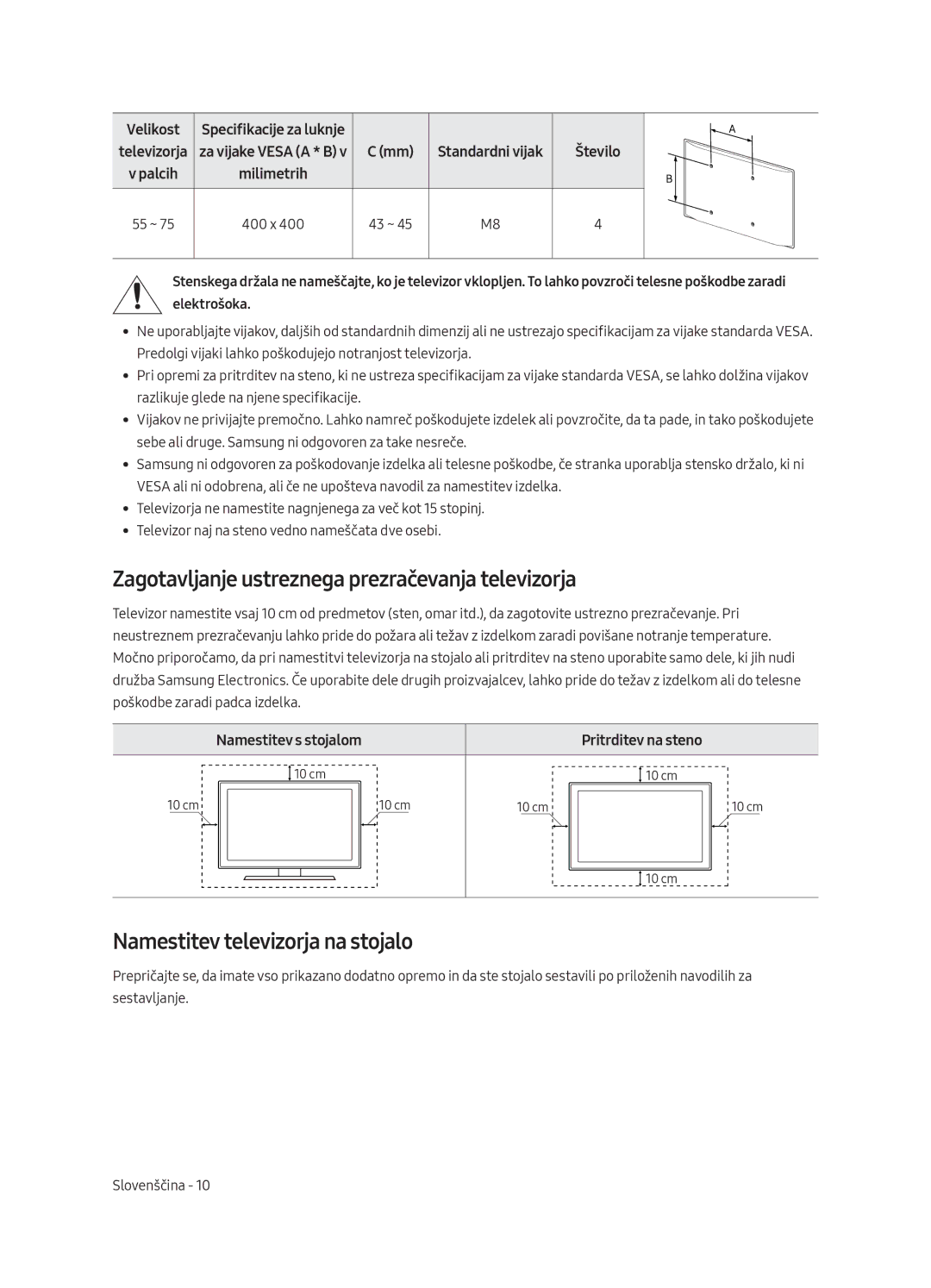 Samsung QE75Q8CAMTXZG, QE65Q8CAMTXZG Zagotavljanje ustreznega prezračevanja televizorja, Namestitev televizorja na stojalo 