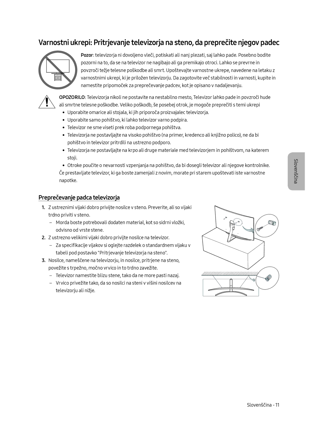 Samsung QE65Q8CAMTXXC, QE65Q8CAMTXZG, QE55Q8CAMTXXH, QE65Q8CAMTXXH, QE55Q8CAMTXZG manual Preprečevanje padca televizorja 
