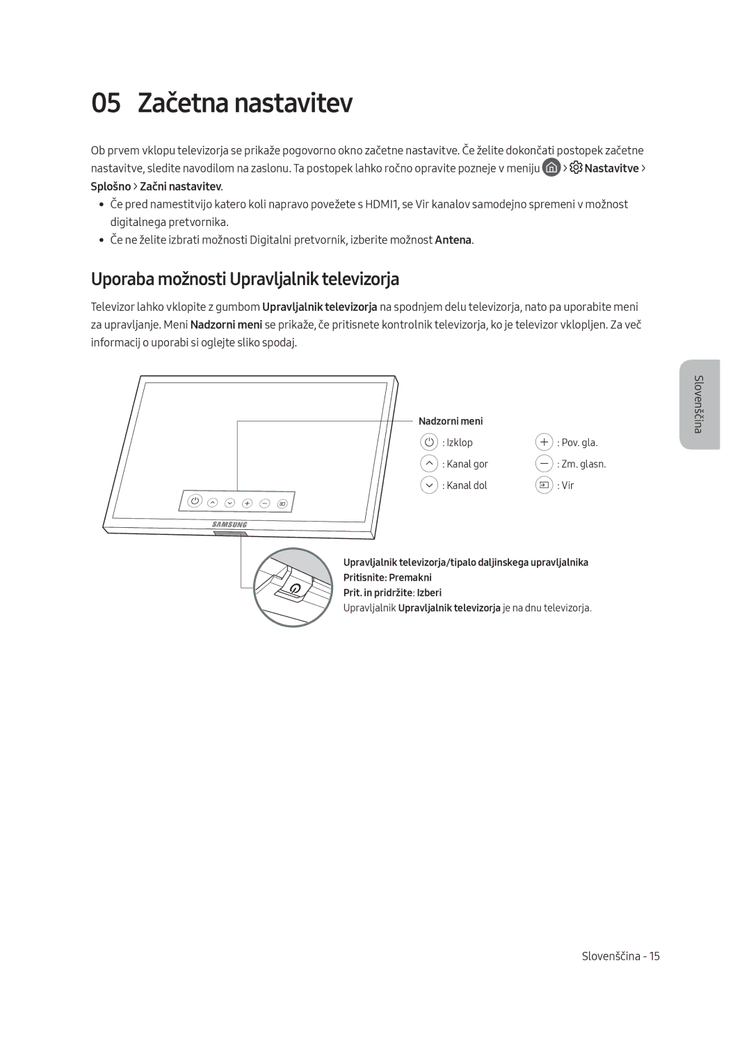 Samsung QE65Q8CAMTXZG, QE55Q8CAMTXXH, QE65Q8CAMTXXH manual 05 Začetna nastavitev, Uporaba možnosti Upravljalnik televizorja 