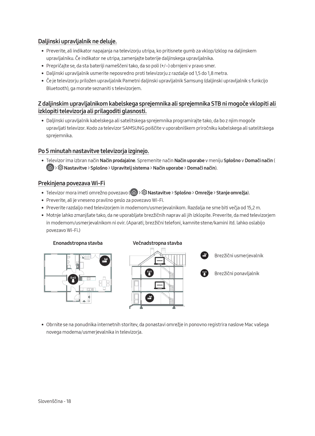 Samsung QE55Q8CAMTXZG, QE65Q8CAMTXZG manual Daljinski upravljalnik ne deluje, Po 5 minutah nastavitve televizorja izginejo 