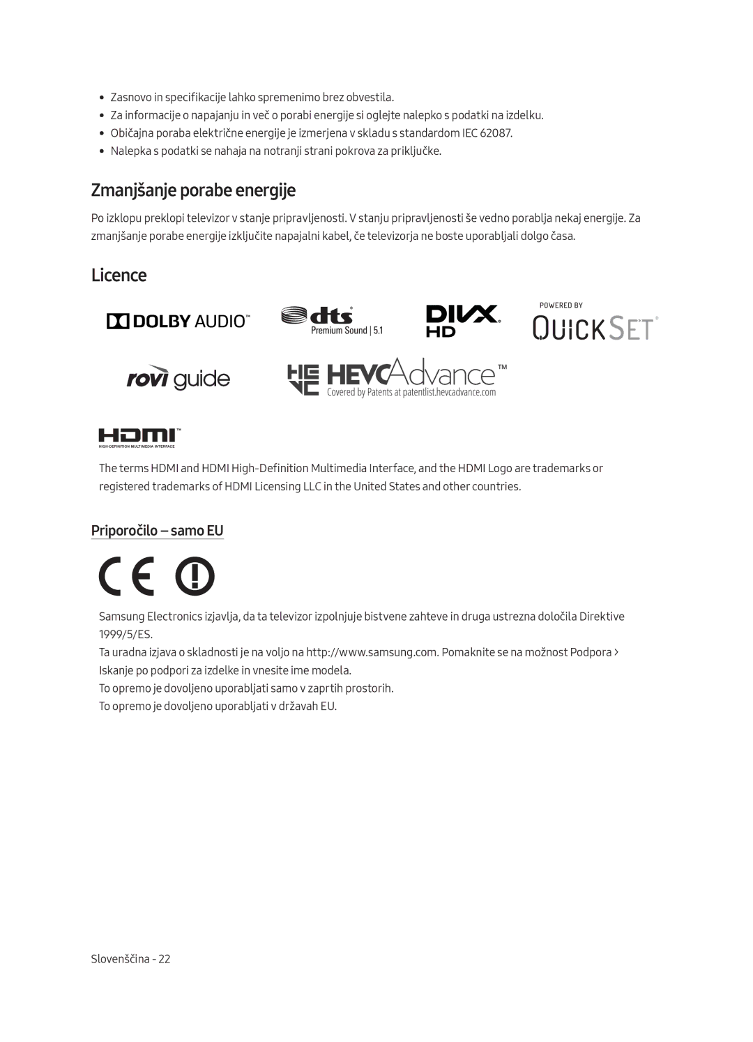 Samsung QE75Q8CAMTXXC, QE65Q8CAMTXZG, QE55Q8CAMTXXH, QE65Q8CAMTXXH manual Zmanjšanje porabe energije, Priporočilo samo EU 