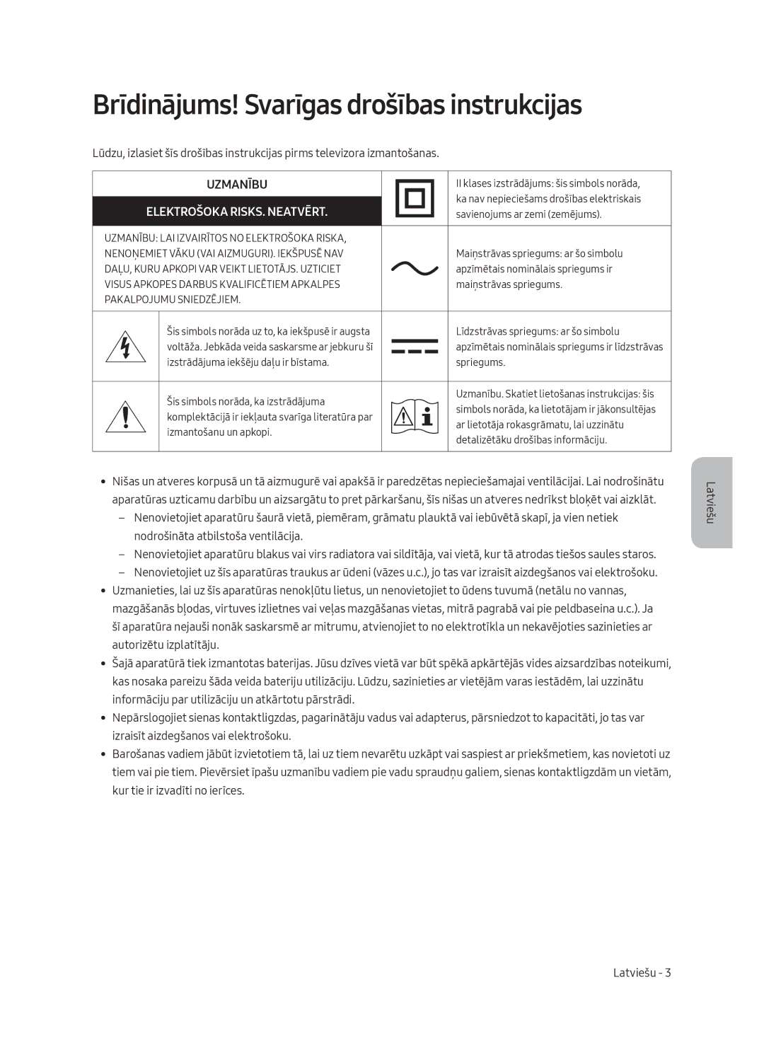 Samsung QE55Q8CAMTXXH, QE65Q8CAMTXZG manual Brīdinājums! Svarīgas drošības instrukcijas, Elektrošoka RISKS. Neatvērt 