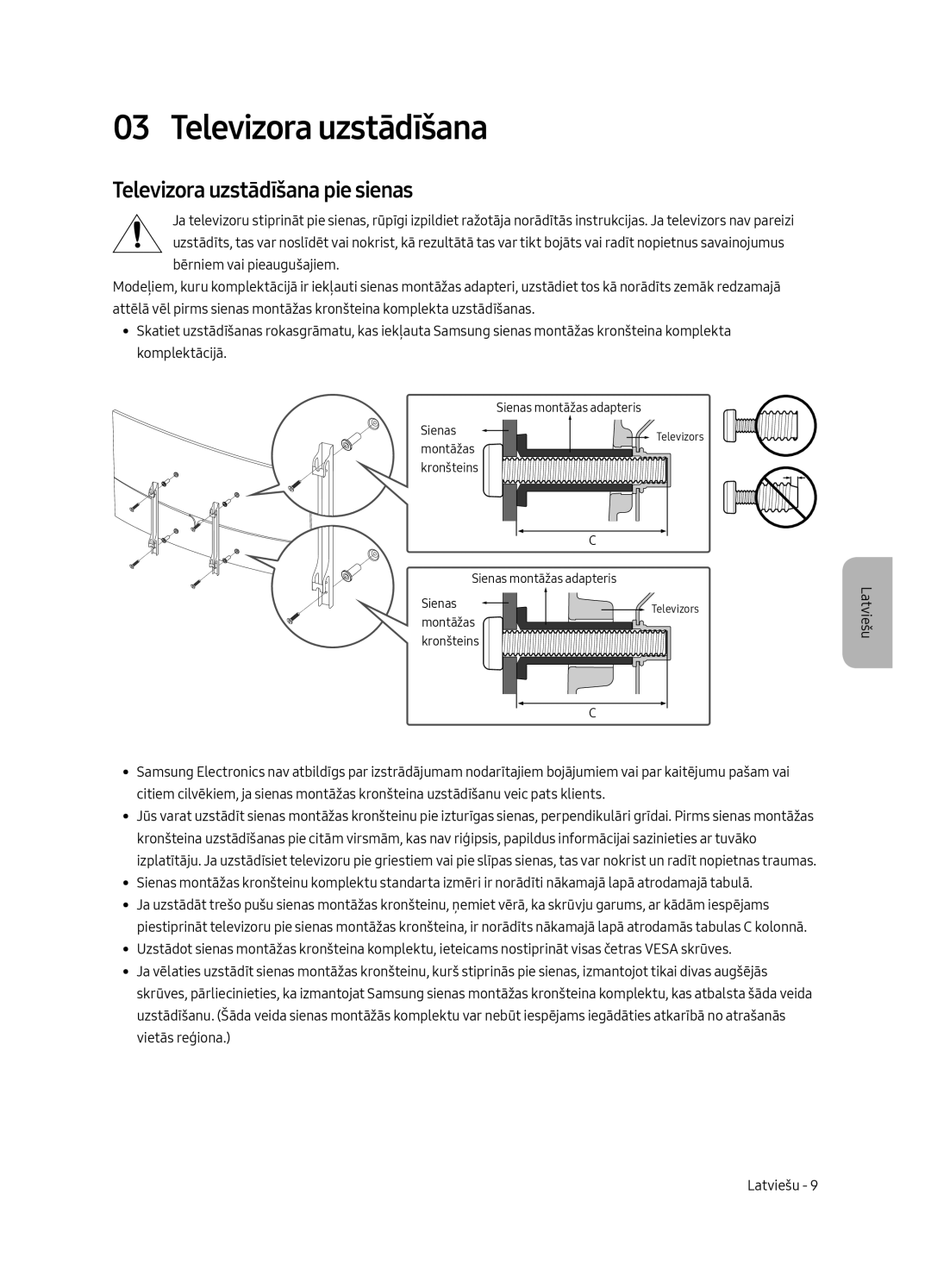 Samsung QE75Q8CAMTXXC, QE65Q8CAMTXZG, QE55Q8CAMTXXH, QE65Q8CAMTXXH, QE55Q8CAMTXZG manual Televizora uzstādīšana pie sienas 