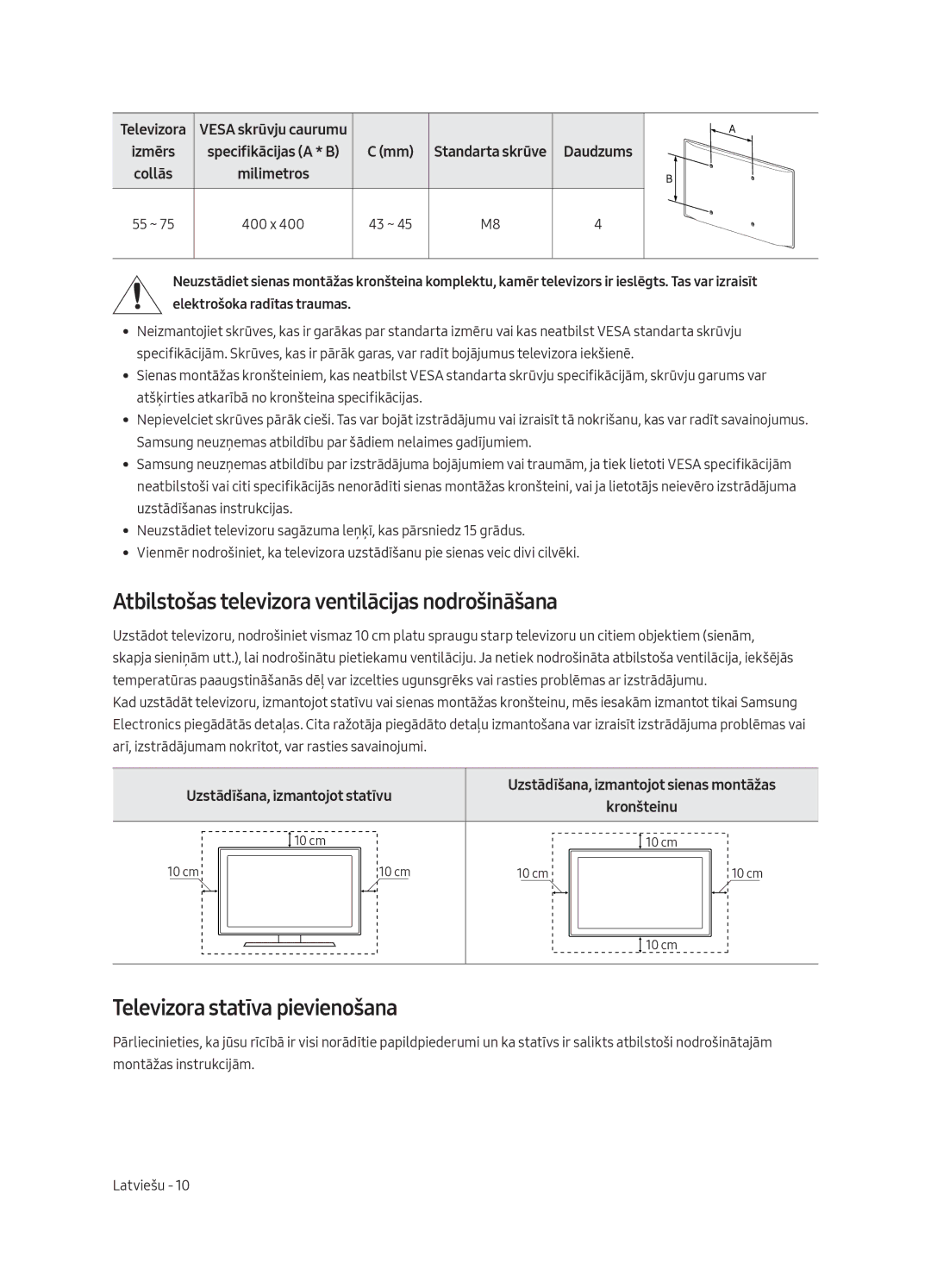 Samsung QE75Q8CAMTXXH, QE65Q8CAMTXZG Atbilstošas televizora ventilācijas nodrošināšana, Televizora statīva pievienošana 