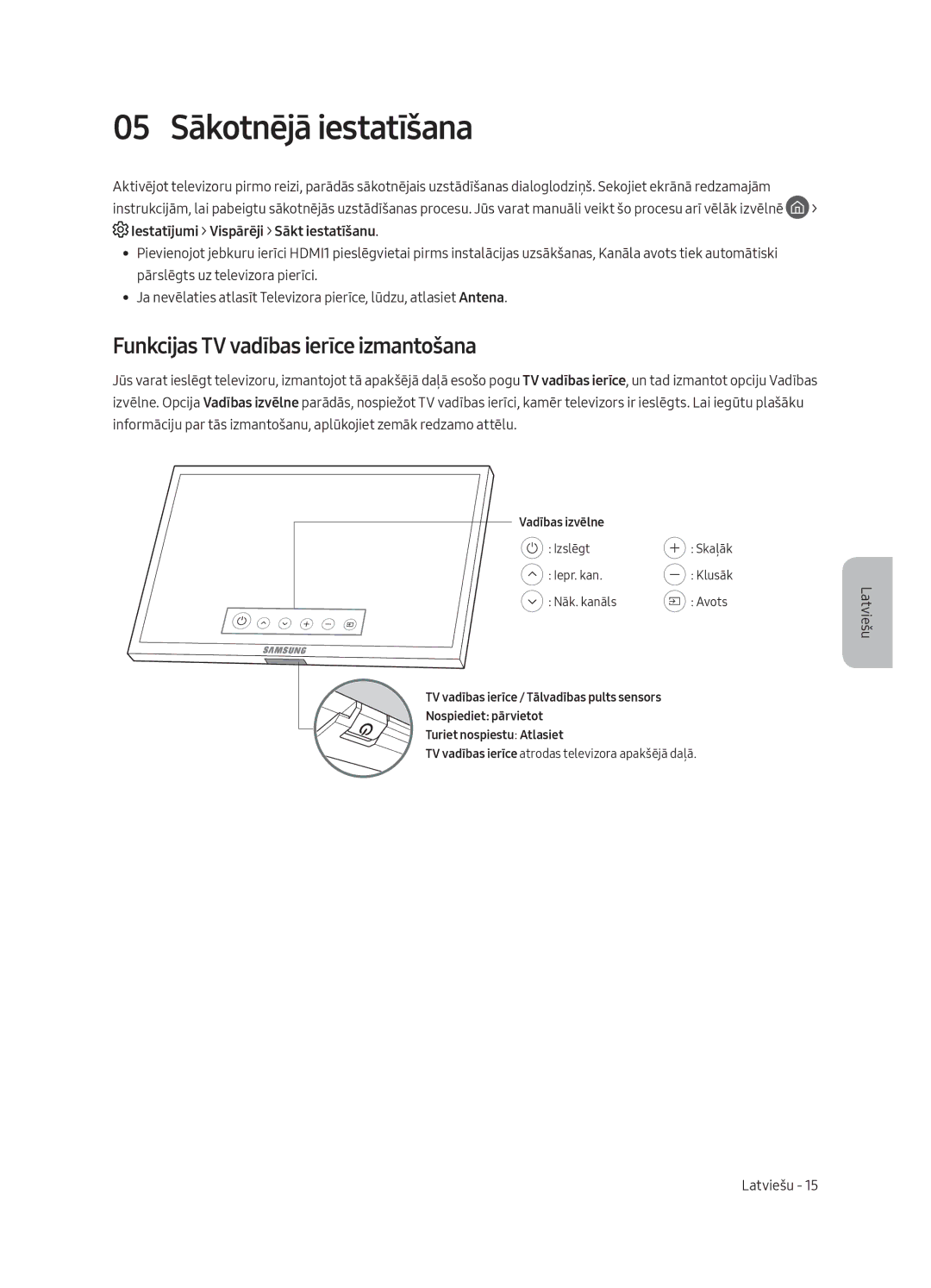 Samsung QE75Q8CAMTXZG, QE65Q8CAMTXZG, QE55Q8CAMTXXH manual 05 Sākotnējā iestatīšana, Funkcijas TV vadības ierīce izmantošana 