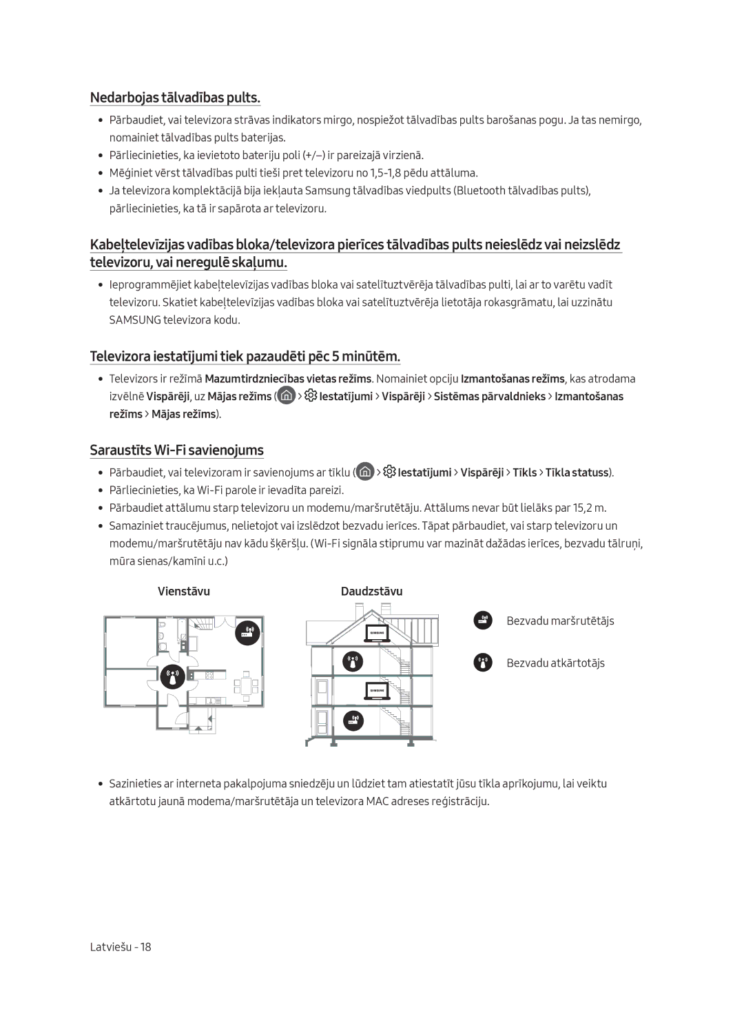 Samsung QE75Q8CAMTXXC, QE65Q8CAMTXZG manual Nedarbojas tālvadības pults, Televizora iestatījumi tiek pazaudēti pēc 5 minūtēm 