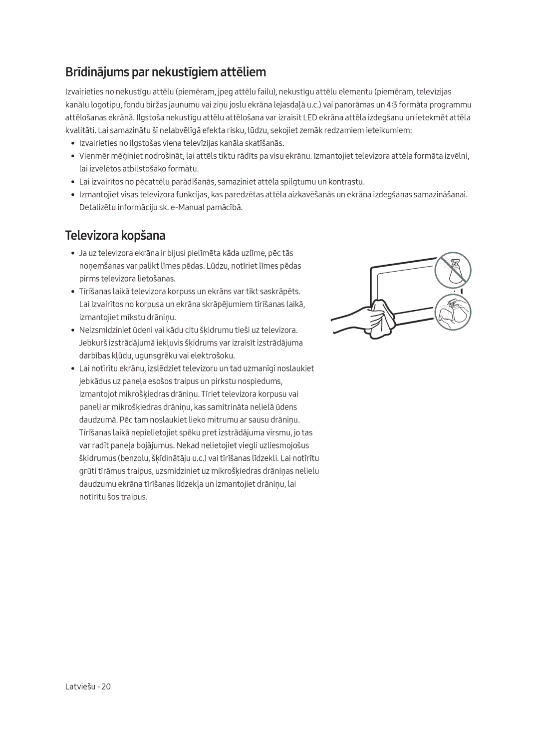 Samsung QE65Q8CAMTXZG, QE55Q8CAMTXXH, QE65Q8CAMTXXH, QE55Q8CAMTXZG Brīdinājums par nekustīgiem attēliem, Televizora kopšana 