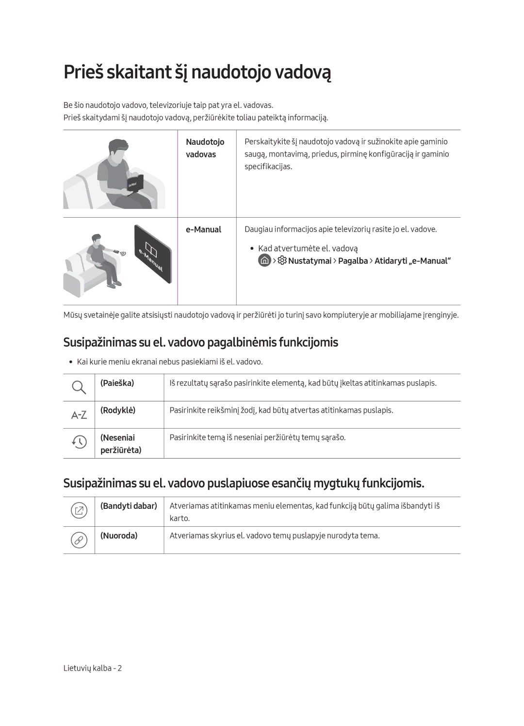 Samsung QE75Q8CAMTXZG manual Prieš skaitant šį naudotojo vadovą, Susipažinimas su el. vadovo pagalbinėmis funkcijomis 