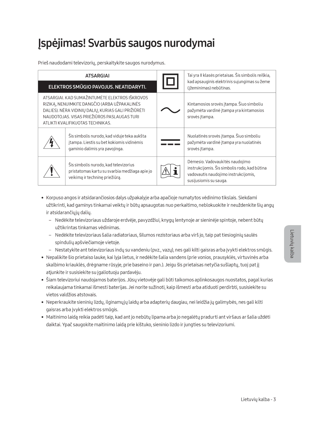 Samsung QE65Q8CAMTXXC, QE65Q8CAMTXZG, QE55Q8CAMTXXH, QE65Q8CAMTXXH manual Įspėjimas! Svarbūs saugos nurodymai, Atsargiai 