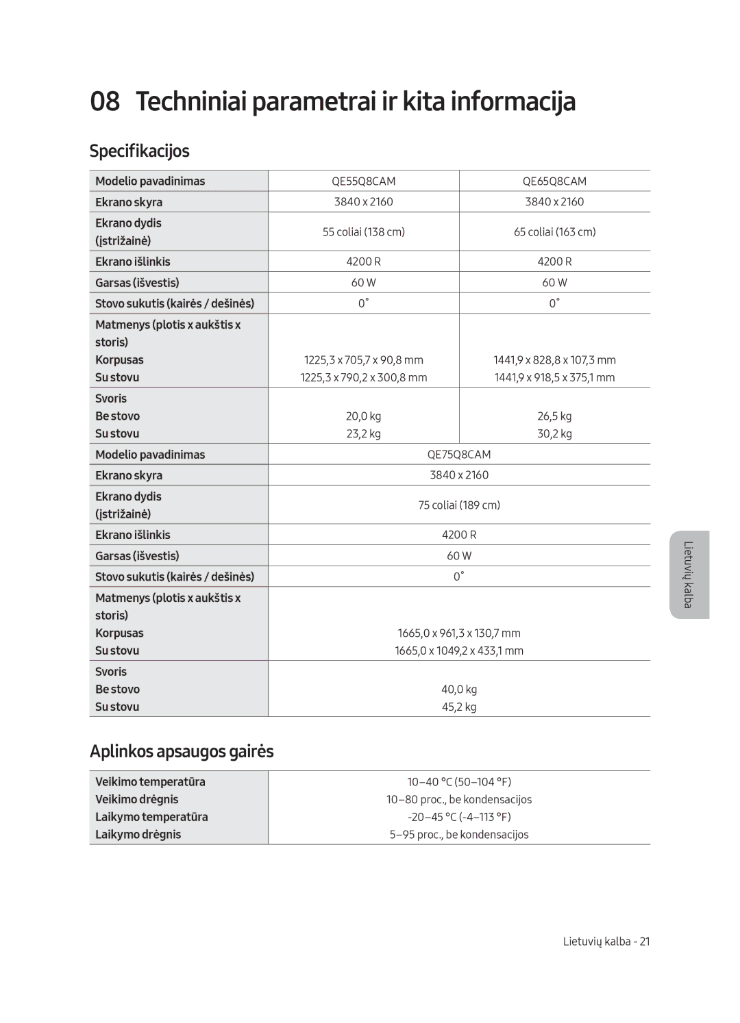 Samsung QE65Q8CAMTXXC, QE65Q8CAMTXZG Techniniai parametrai ir kita informacija, Specifikacijos, Aplinkos apsaugos gairės 