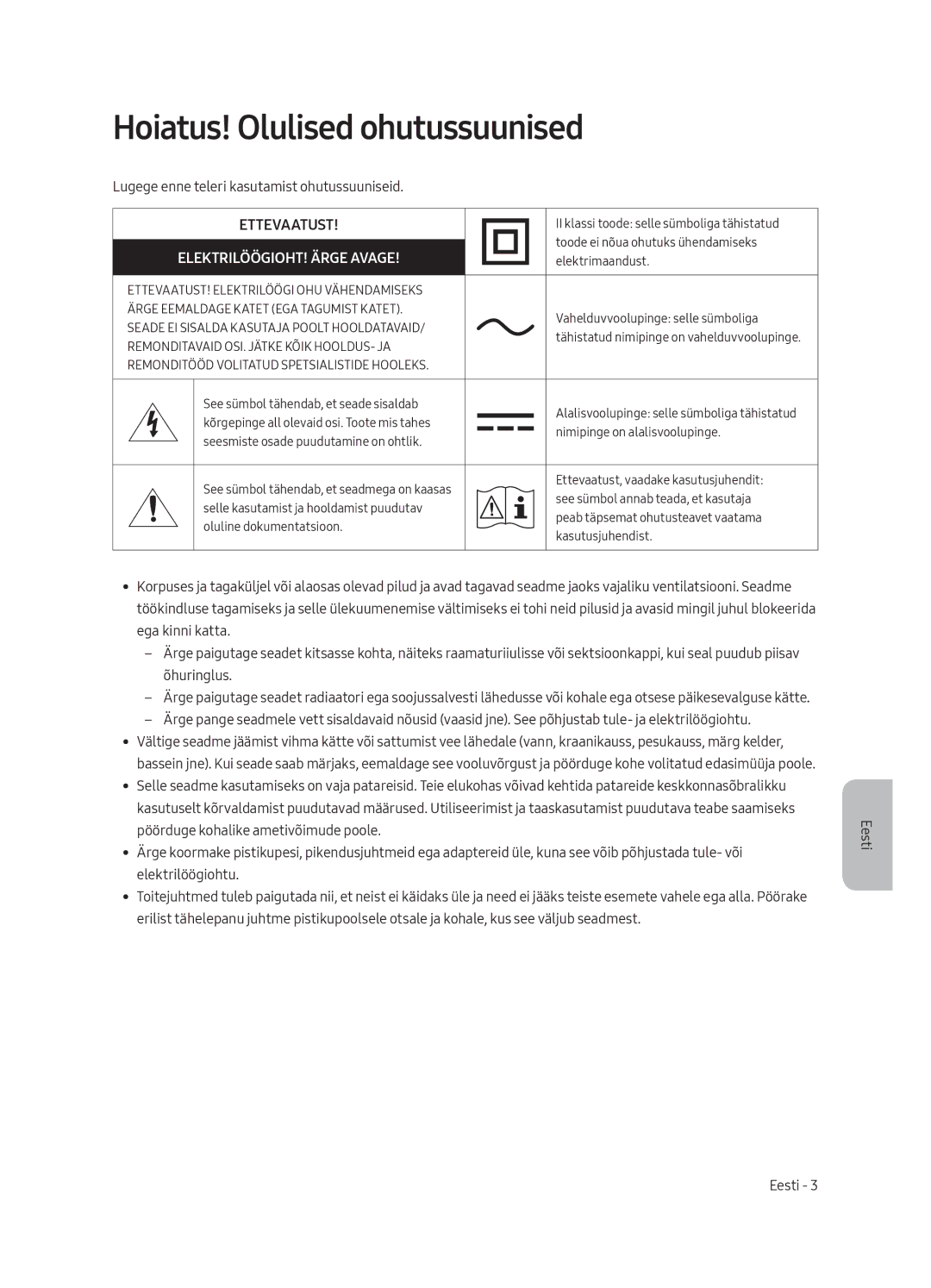 Samsung QE65Q8CAMTXZG, QE55Q8CAMTXXH, QE65Q8CAMTXXH manual Hoiatus! Olulised ohutussuunised, ELEKTRILÖÖGIOHT! Ärge Avage 