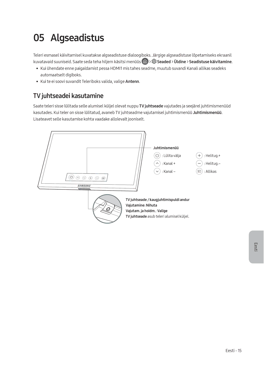 Samsung QE55Q8CAMTXZG, QE65Q8CAMTXZG, QE55Q8CAMTXXH, QE65Q8CAMTXXH, QE75Q8CAMTXZG manual Algseadistus, TV juhtseadei kasutamine 