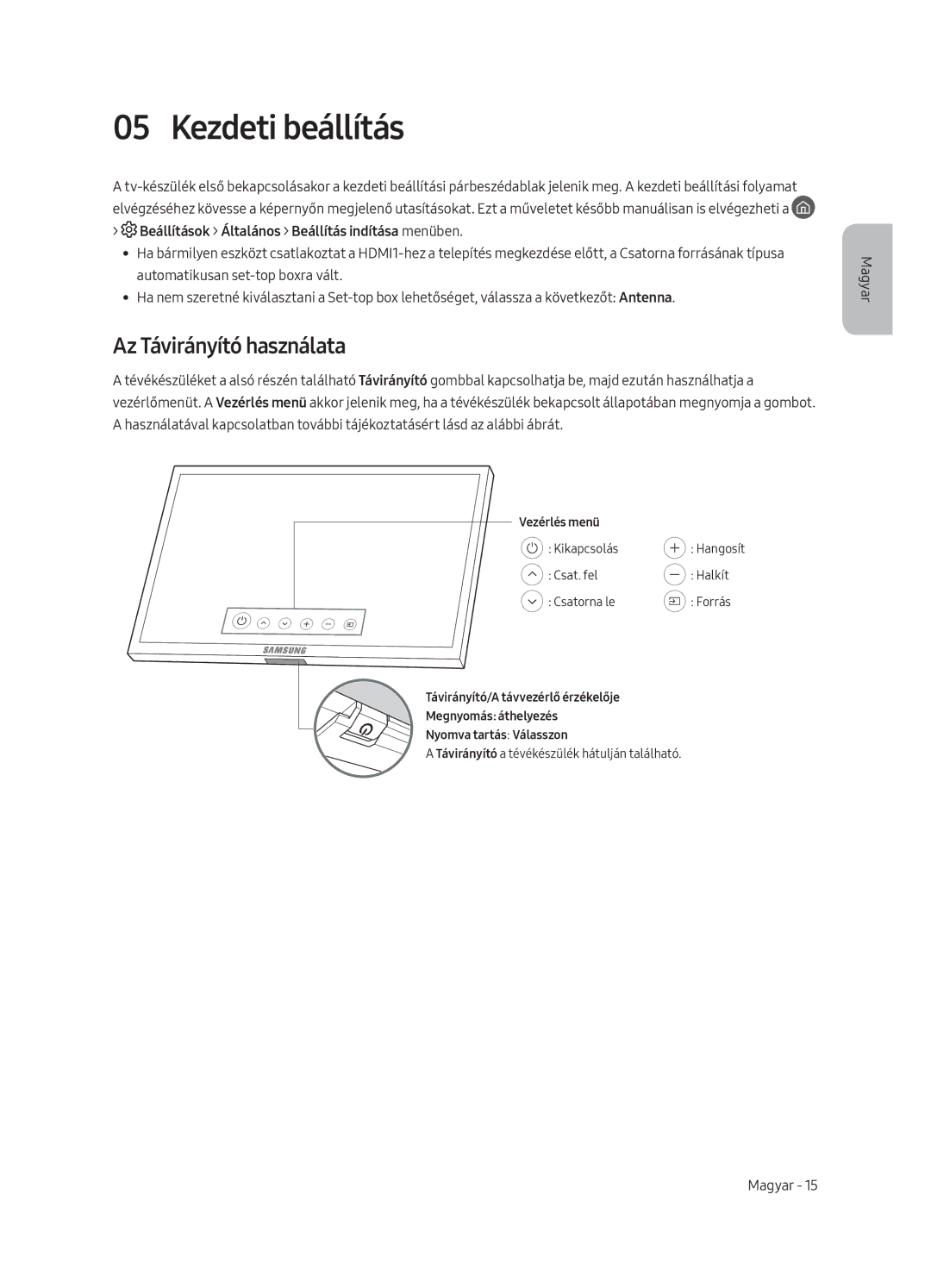 Samsung QE55Q8CAMTXXH manual Kezdeti beállítás, Az Távirányító használata, Beállítások Általános Beállítás indítása menüben 