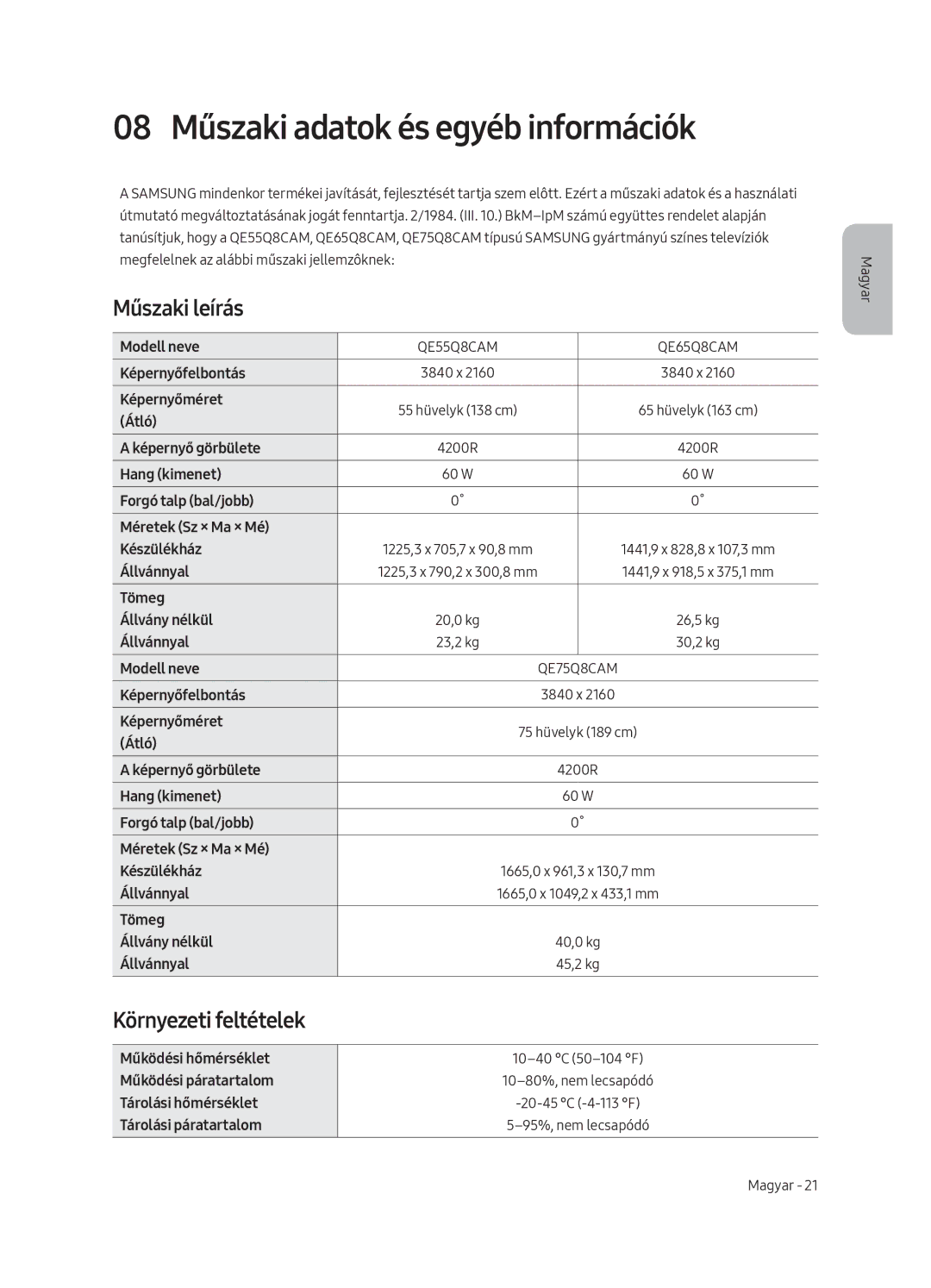 Samsung QE75Q8CAMTXXC, QE65Q8CAMTXZG manual 08 Műszaki adatok és egyéb információk, Műszaki leírás, Környezeti feltételek 