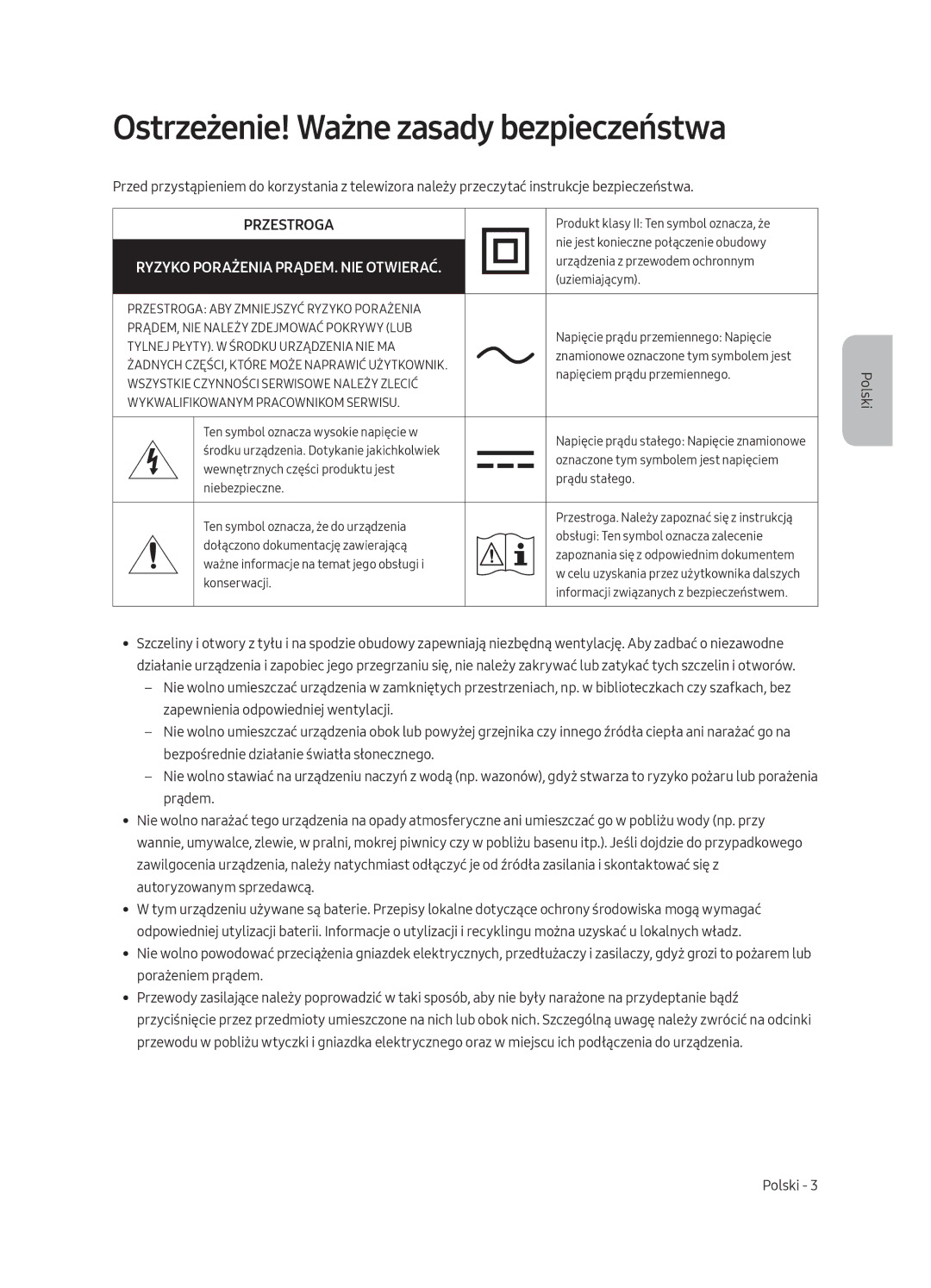 Samsung QE65Q8CAMTXXH, QE65Q8CAMTXZG, QE55Q8CAMTXXH, QE55Q8CAMTXZG manual Ostrzeżenie! Ważne zasady bezpieczeństwa, Przestroga 