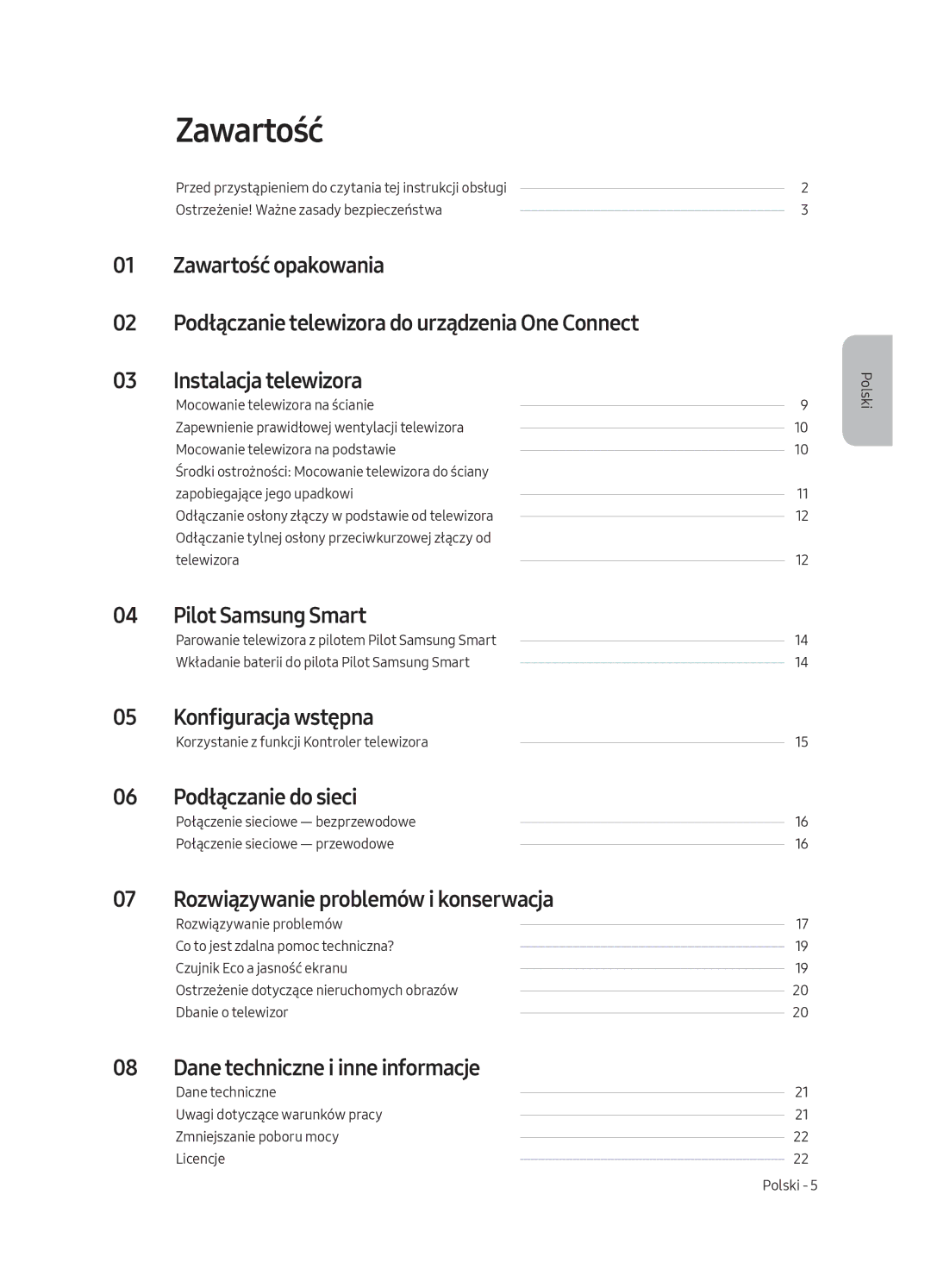 Samsung QE75Q8CAMTXZG, QE65Q8CAMTXZG manual Zawartość, Pilot Samsung Smart, Konfiguracja wstępna, Podłączanie do sieci 