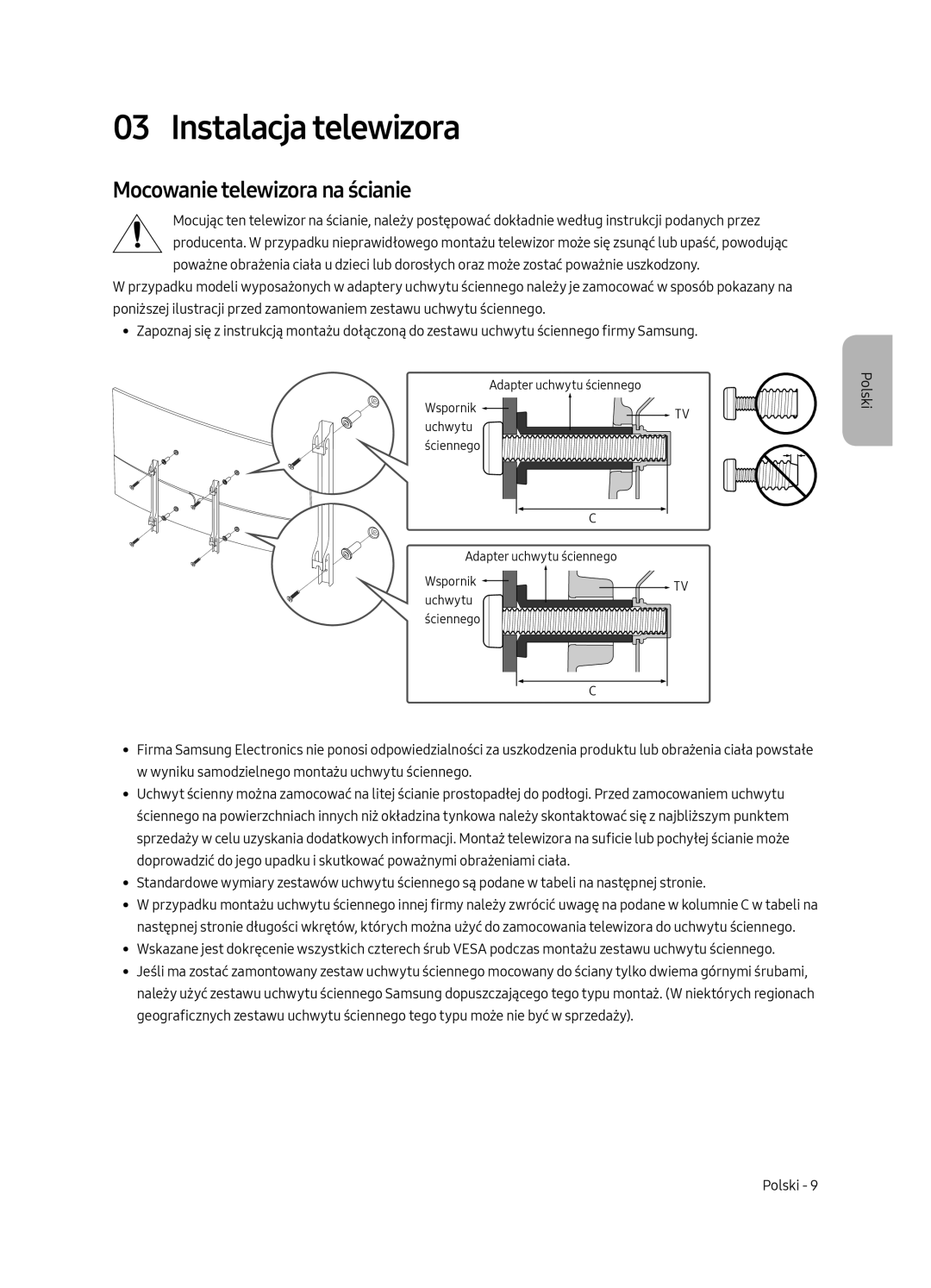 Samsung QE75Q8CAMTXXH, QE65Q8CAMTXZG, QE55Q8CAMTXXH, QE65Q8CAMTXXH Instalacja telewizora, Mocowanie telewizora na ścianie 
