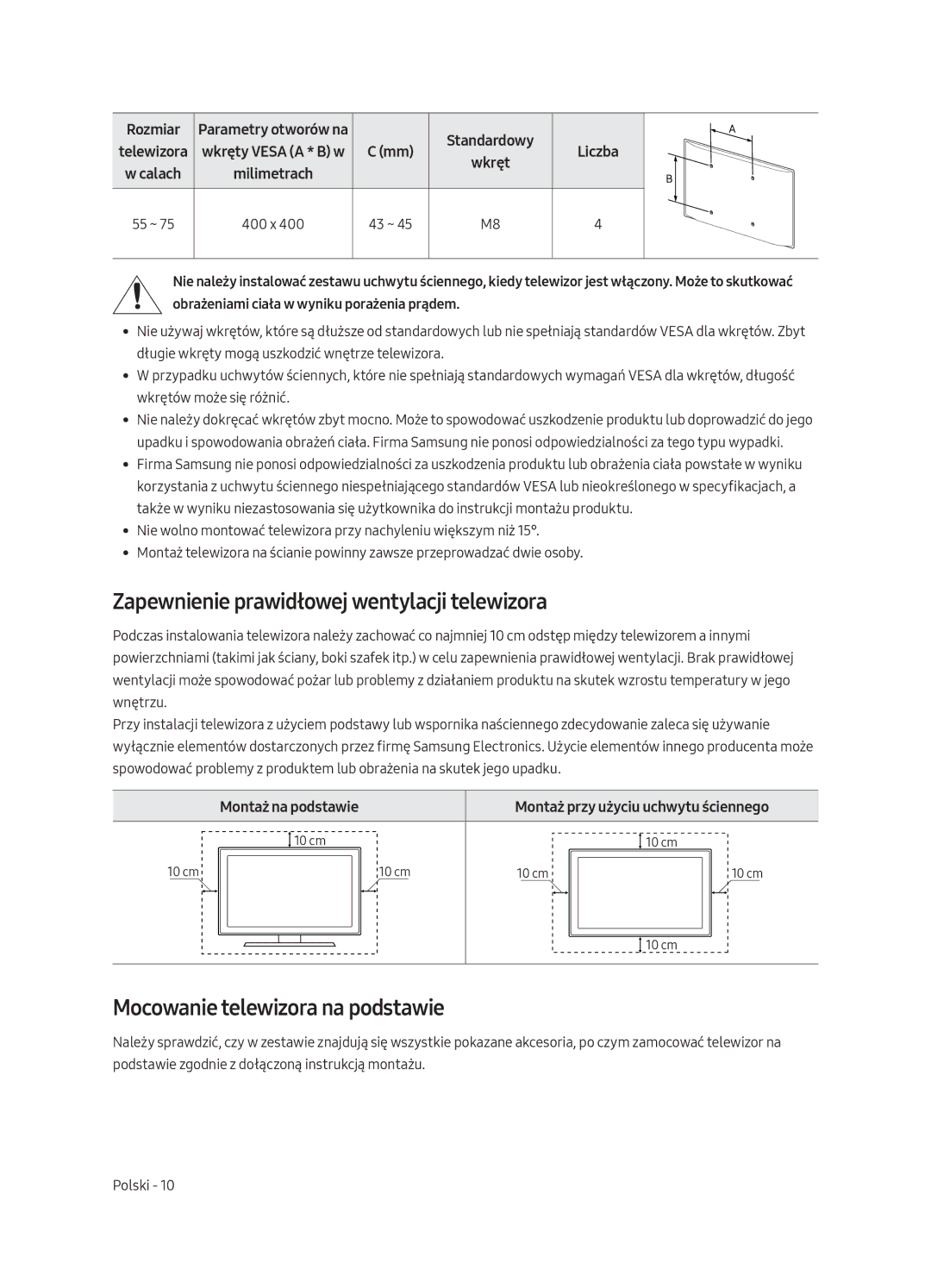 Samsung QE65Q8CAMTXZG, QE55Q8CAMTXXH manual Zapewnienie prawidłowej wentylacji telewizora, Mocowanie telewizora na podstawie 