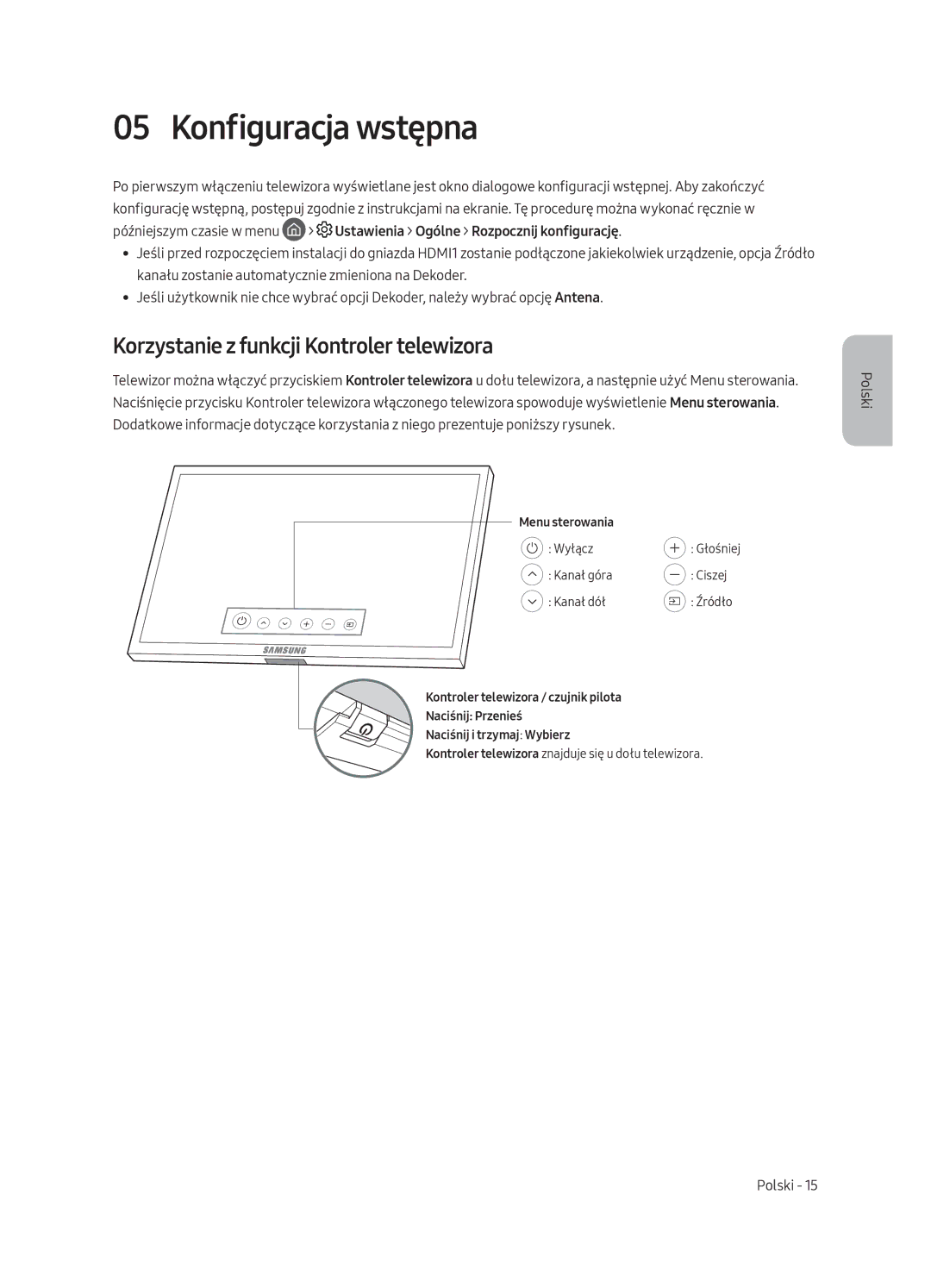 Samsung QE65Q8CAMTXXC, QE65Q8CAMTXZG, QE55Q8CAMTXXH manual Konfiguracja wstępna, Korzystanie z funkcji Kontroler telewizora 