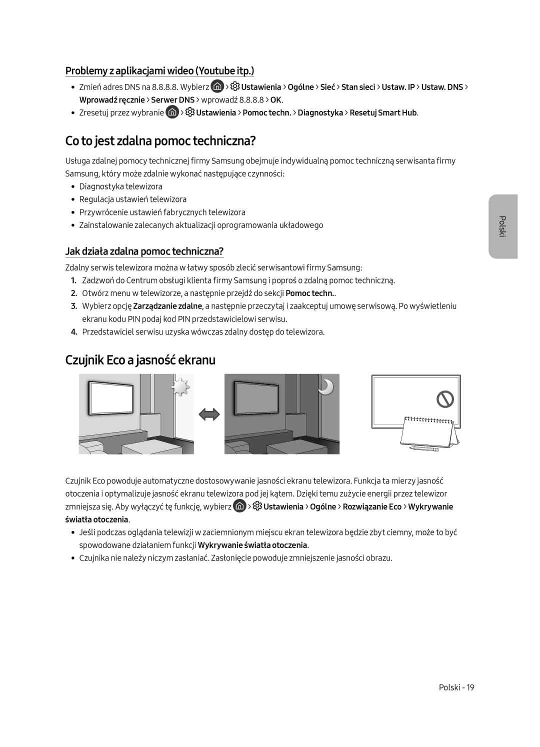 Samsung QE65Q8CAMTXZG, QE55Q8CAMTXXH, QE65Q8CAMTXXH manual Co to jest zdalna pomoc techniczna?, Czujnik Eco a jasność ekranu 