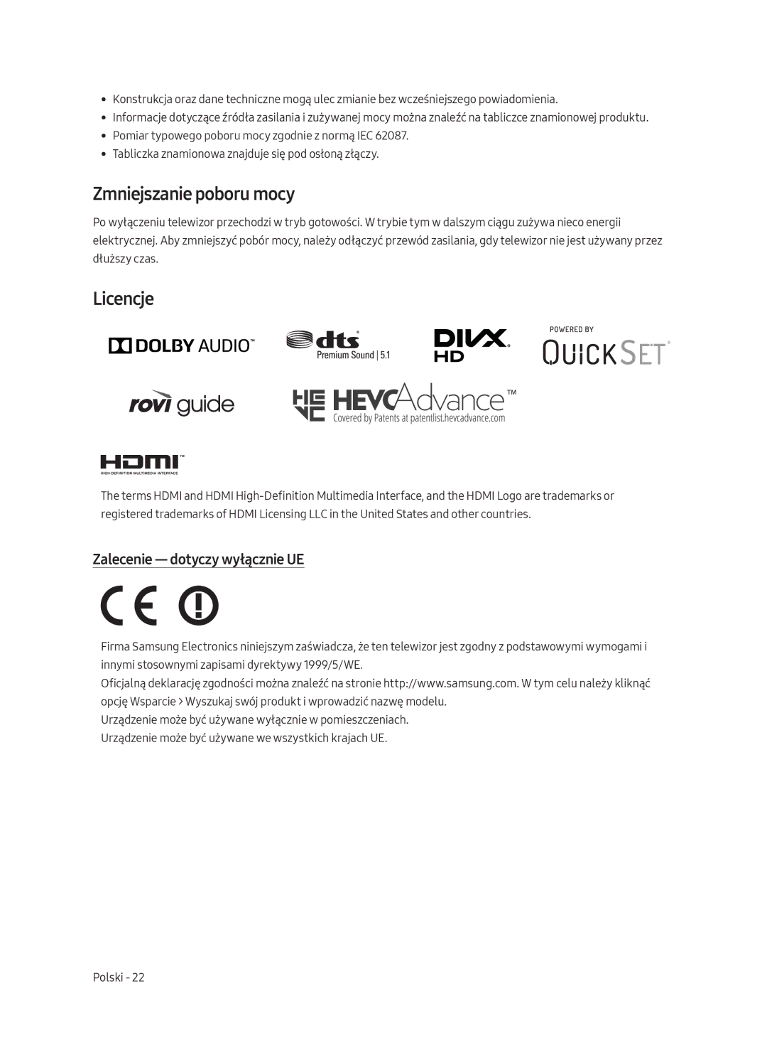 Samsung QE55Q8CAMTXZG, QE65Q8CAMTXZG, QE55Q8CAMTXXH manual Zmniejszanie poboru mocy, Licencje, Zalecenie dotyczy wyłącznie UE 