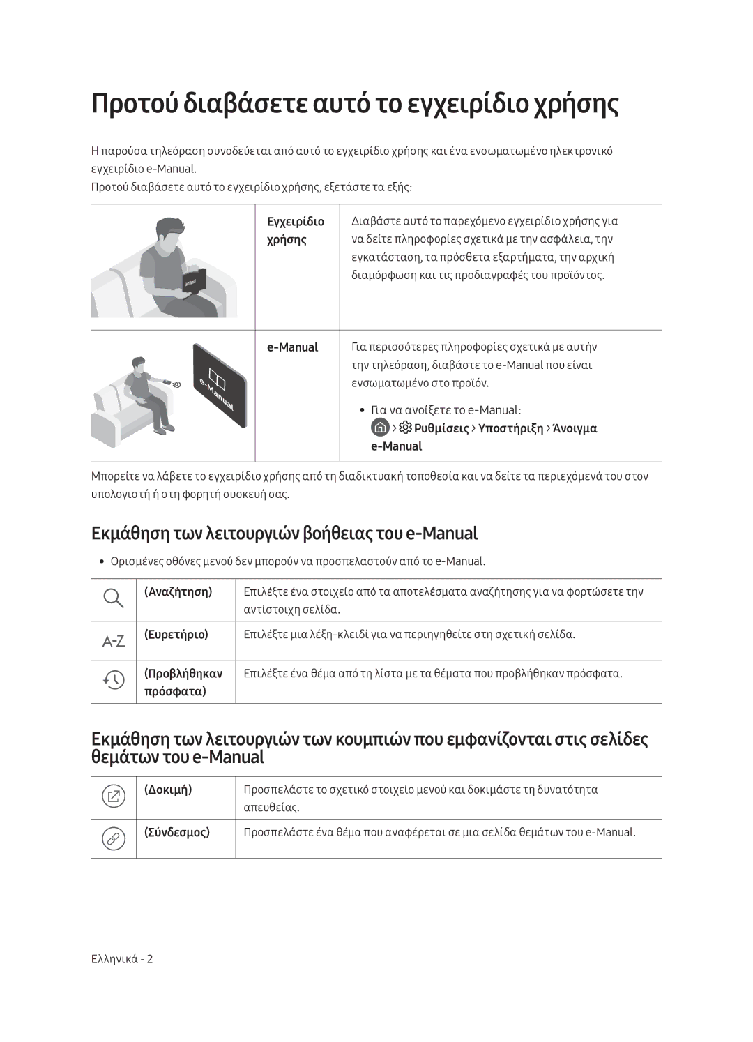 Samsung QE65Q8CAMTXXC manual Προτού διαβάσετε αυτό το εγχειρίδιο χρήσης, Εκμάθηση των λειτουργιών βοήθειας του e-Manual 