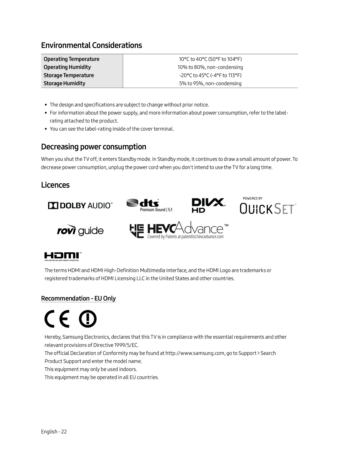 Samsung QE75Q8CAMUXRU manual Environmental Considerations, Decreasing power consumption, Licences, Recommendation EU Only 