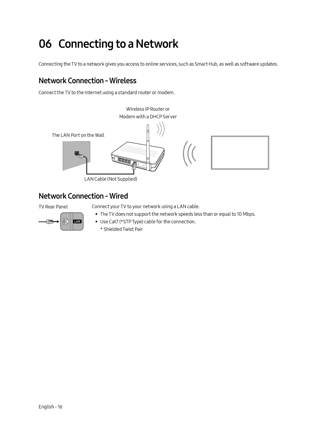 Samsung QE55Q8CAMTXXH, QE65Q8CGMTXZG manual Connecting to a Network, Network Connection Wireless, Network Connection Wired 