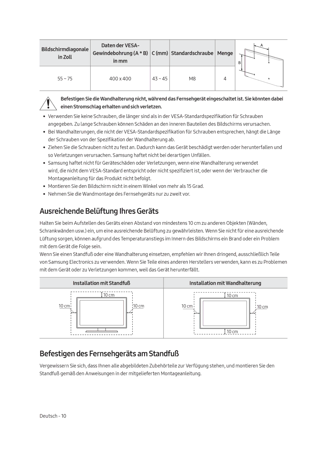 Samsung QE65Q8CAMTXXC, QE65Q8CGMTXZG manual Ausreichende Belüftung Ihres Geräts, Befestigen des Fernsehgeräts am Standfuß 