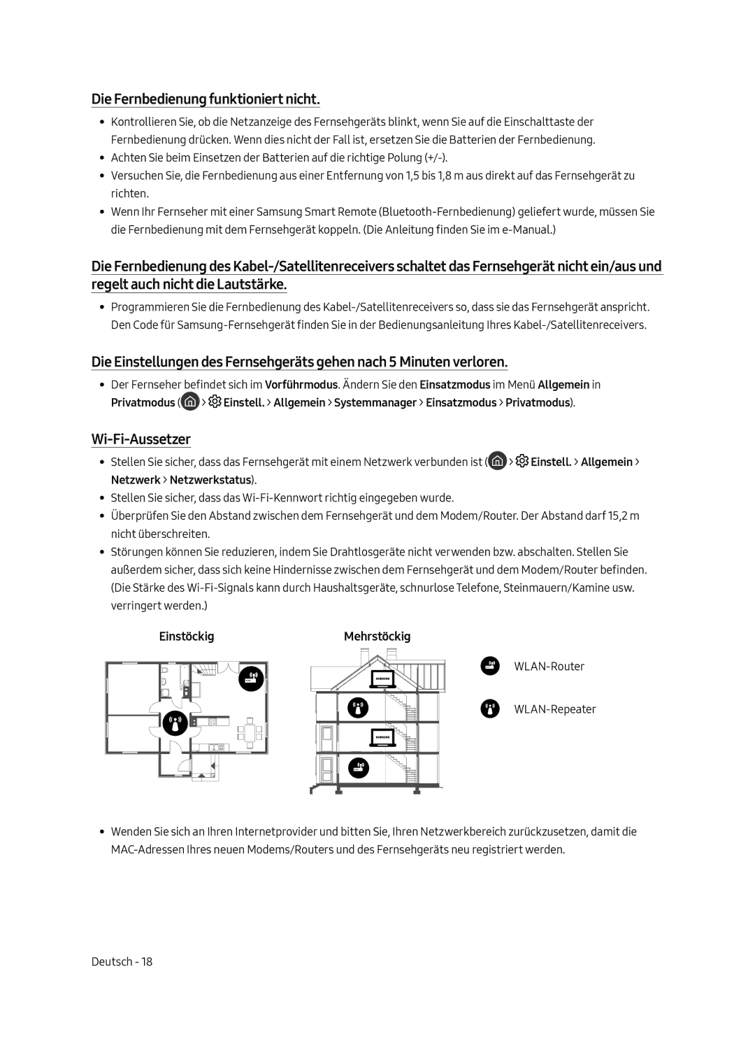 Samsung QE55Q8CAMTXXH, QE65Q8CGMTXZG manual Die Fernbedienung funktioniert nicht, Wi-Fi-Aussetzer, EinstöckigMehrstöckig 