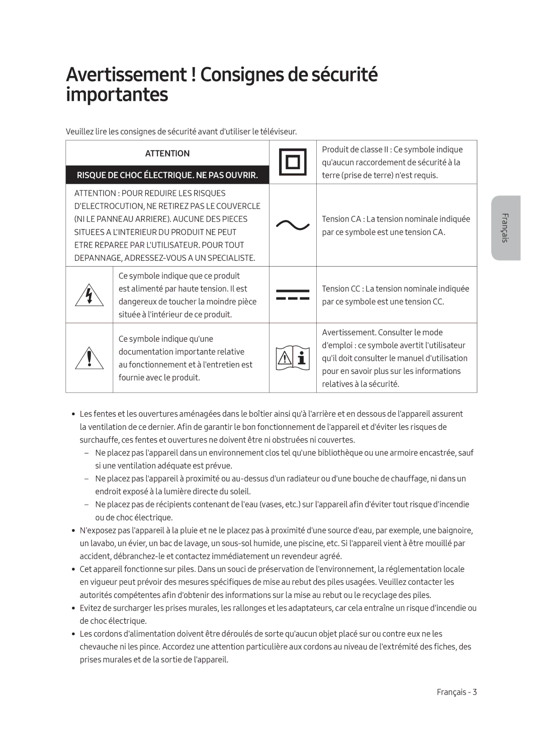 Samsung QE75Q8CAMTXXH manual Avertissement ! Consignes de sécurité importantes, Risque DE Choc ÉLECTRIQUE. NE PAS Ouvrir 