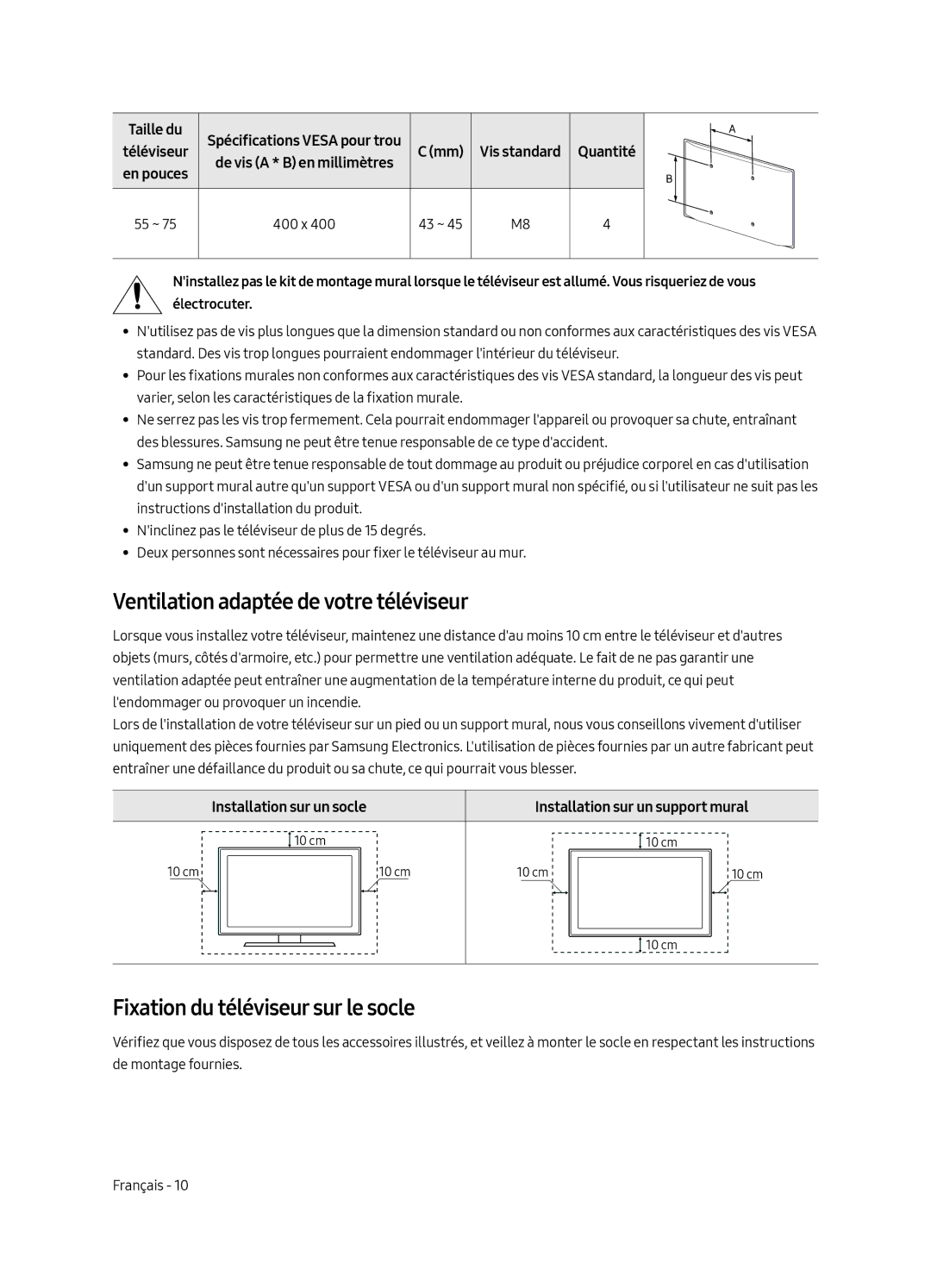 Samsung QE55Q8CAMTXZG, QE65Q8CGMTXZG manual Ventilation adaptée de votre téléviseur, Fixation du téléviseur sur le socle 