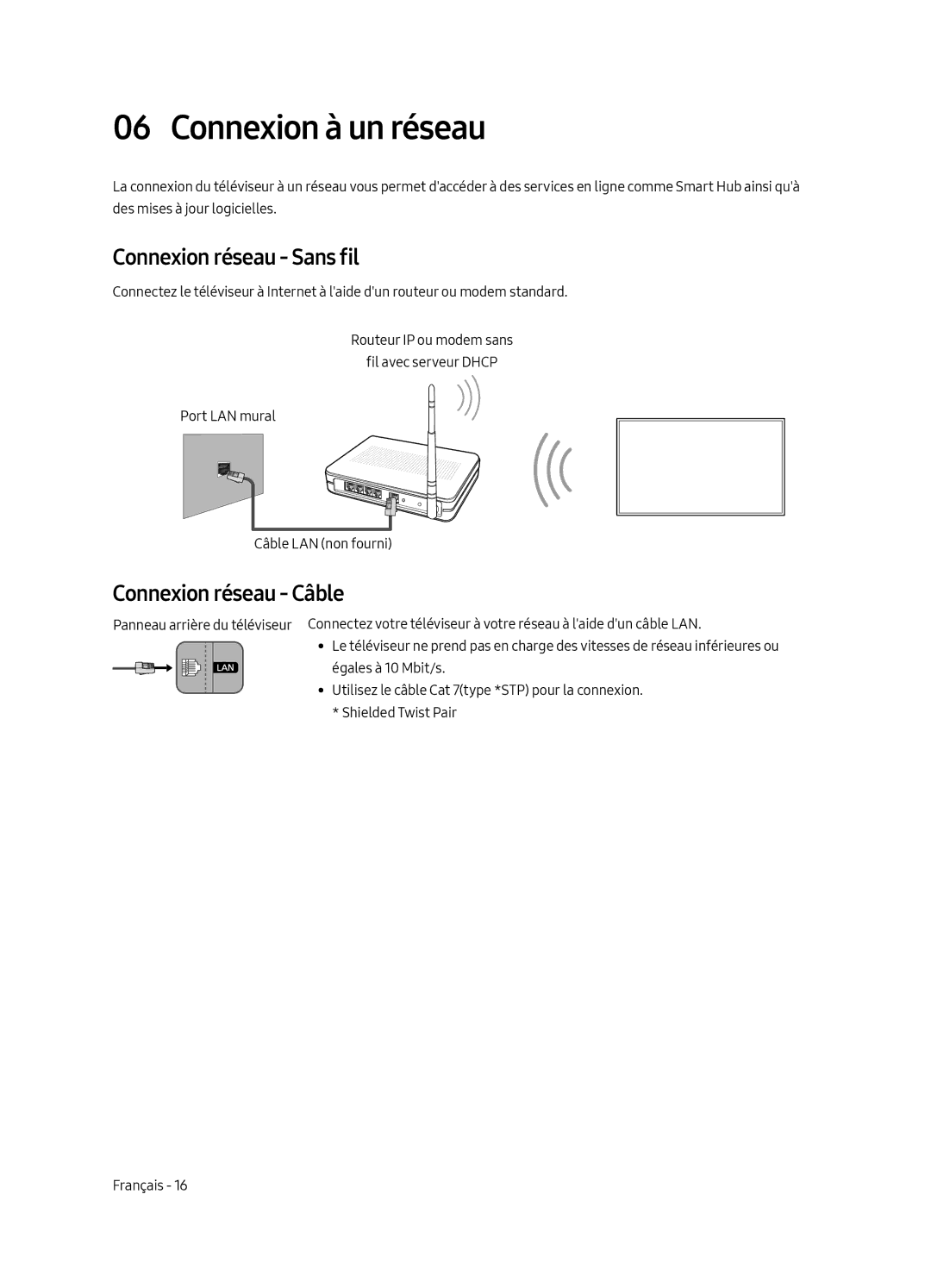 Samsung QE65Q8CGMTXZG, QE75Q8CGMTXZG manual Connexion à un réseau, Connexion réseau Sans fil, Connexion réseau Câble 