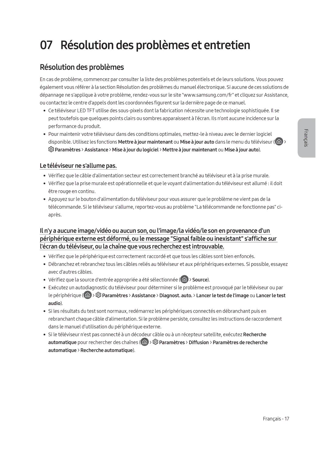 Samsung QE75Q8CGMTXZG, QE65Q8CGMTXZG, QE55Q8CGMTXZG 07 Résolution des problèmes et entretien, Le téléviseur ne sallume pas 