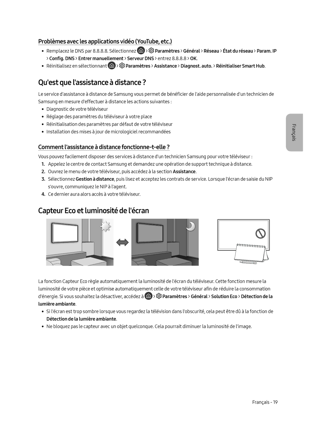 Samsung QE65Q8CAMTXZG, QE65Q8CGMTXZG, QE75Q8CGMTXZG Quest que lassistance à distance ?, Capteur Eco et luminosité de lécran 