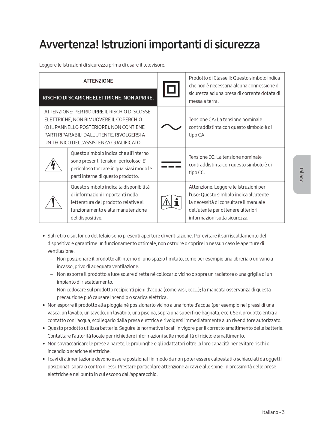 Samsung QE55Q8CAMTXXC, QE65Q8CGMTXZG, QE75Q8CGMTXZG, QE55Q8CGMTXZG manual Avvertenza! Istruzioni importanti di sicurezza 