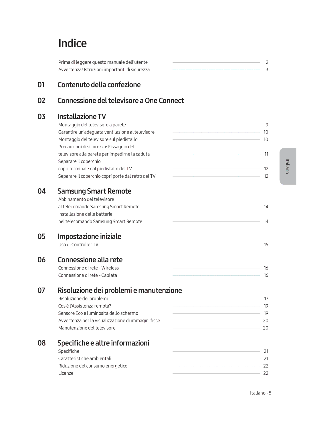 Samsung QE75Q8CAMTXXH manual Indice, Impostazione iniziale, Connessione alla rete, Risoluzione dei problemi e manutenzione 