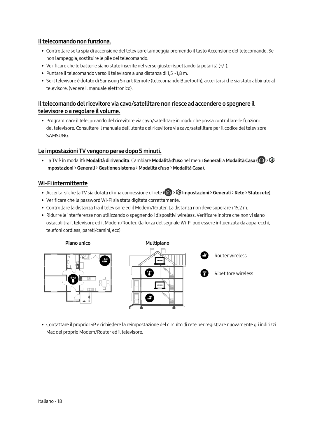 Samsung QE65Q8CGMTXZG Il telecomando non funziona, Le impostazioni TV vengono perse dopo 5 minuti, Wi-Fi intermittente 