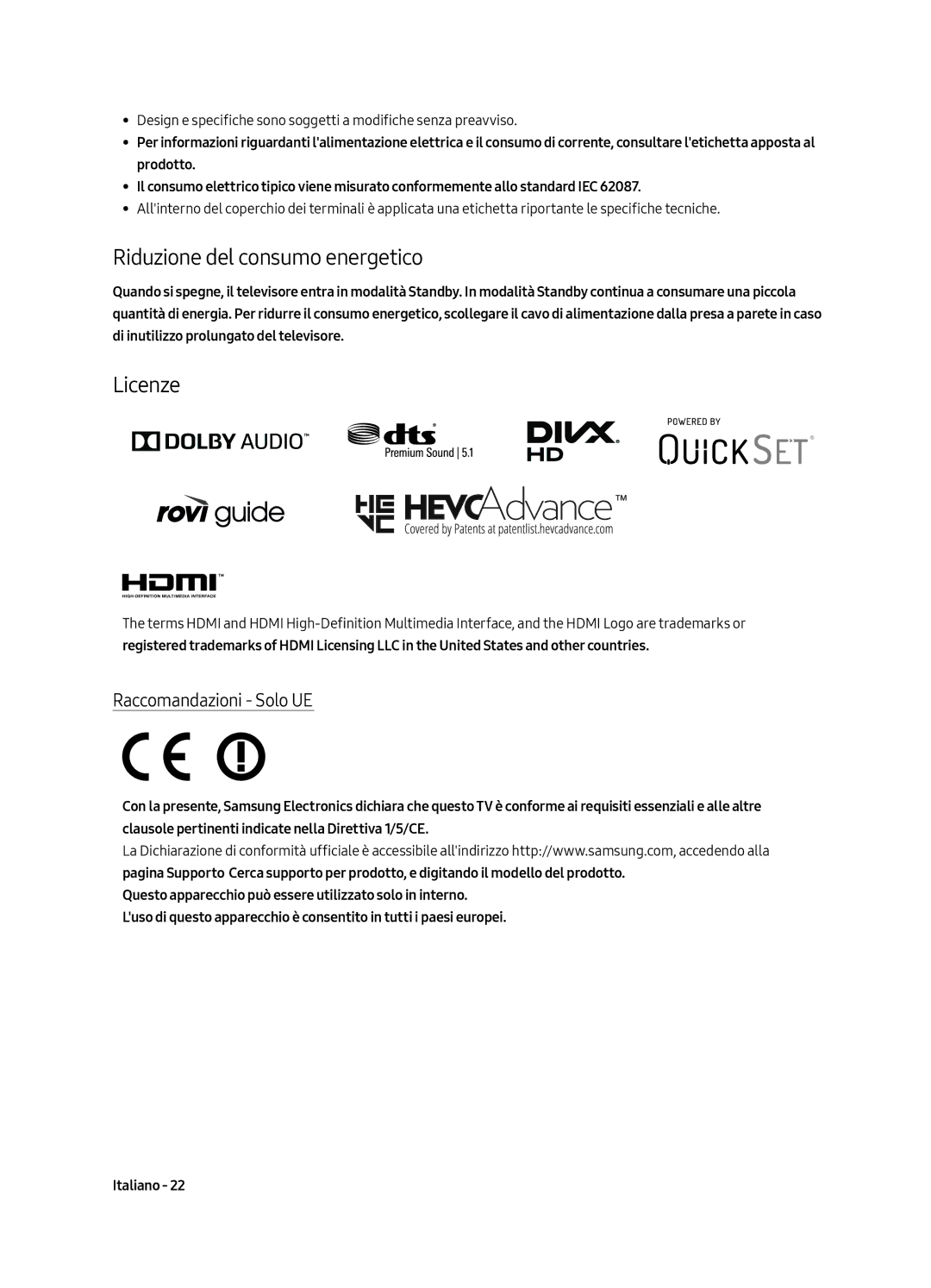 Samsung QE55Q8CAMTXXH, QE65Q8CGMTXZG, QE75Q8CGMTXZG manual Riduzione del consumo energetico, Licenze, Raccomandazioni Solo UE 