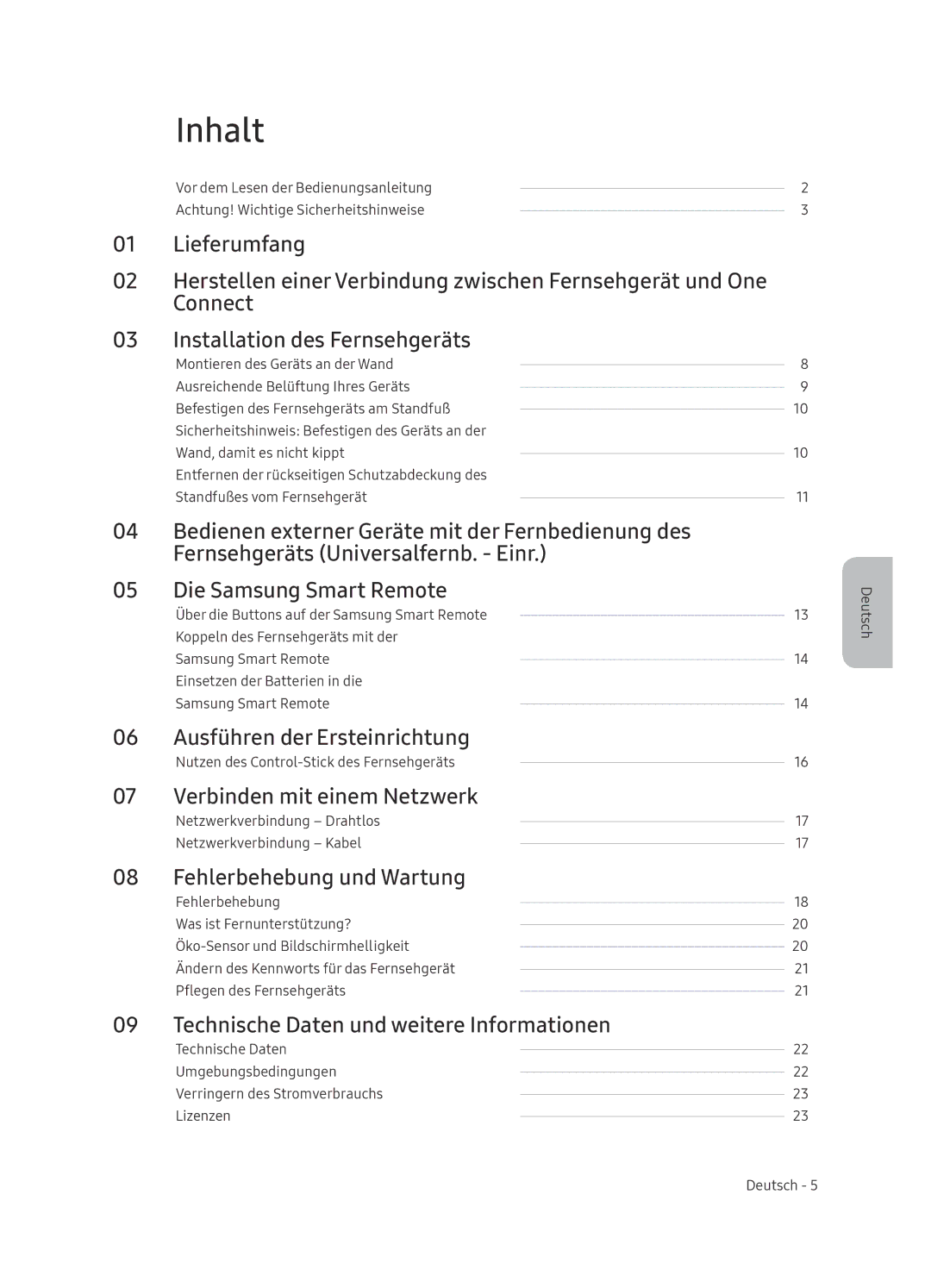 Samsung QE65Q8CNATXXH Inhalt, Ausführen der Ersteinrichtung, Verbinden mit einem Netzwerk, Fehlerbehebung und Wartung 