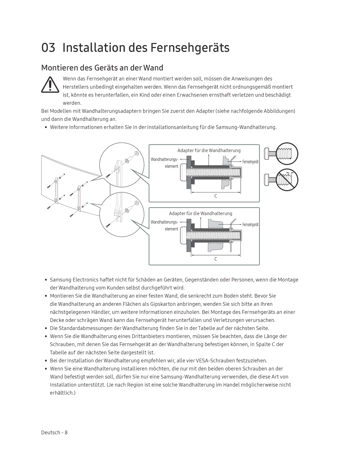 Samsung QE65Q8CNATXXC, QE65Q8CNATXXH manual Installation des Fernsehgeräts, Montieren des Geräts an der Wand 