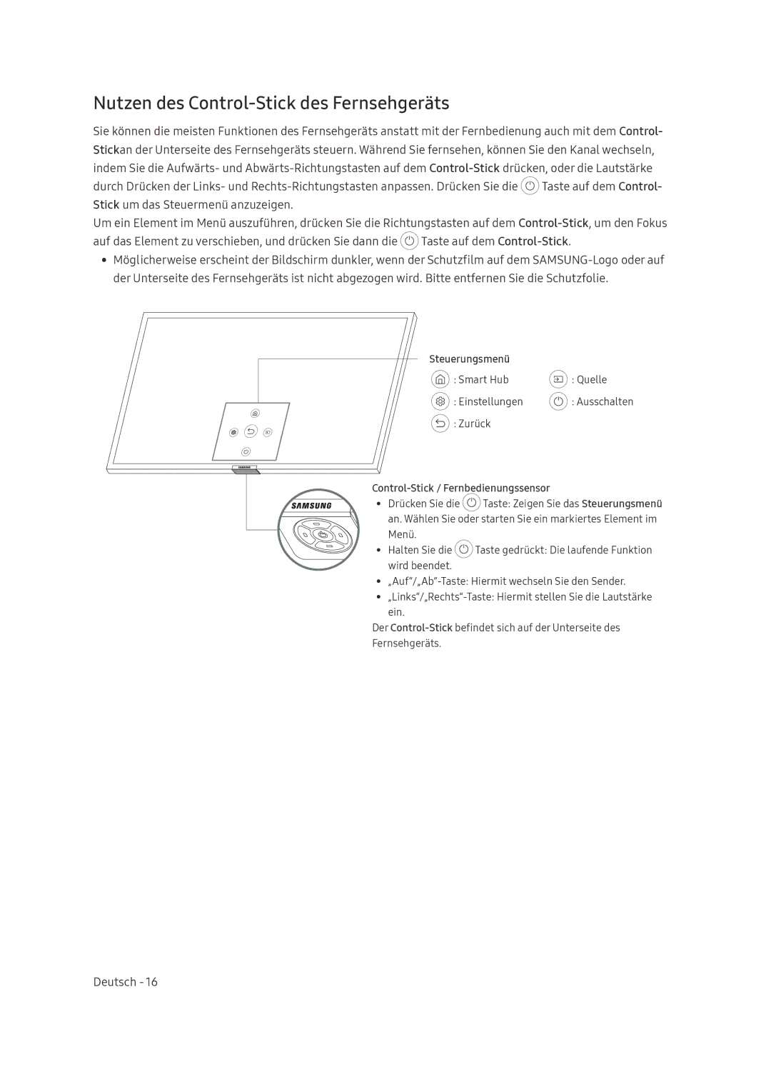 Samsung QE65Q8CNATXXC, QE65Q8CNATXXH manual Nutzen des Control-Stick des Fernsehgeräts, Steuerungsmenü Smart Hub 