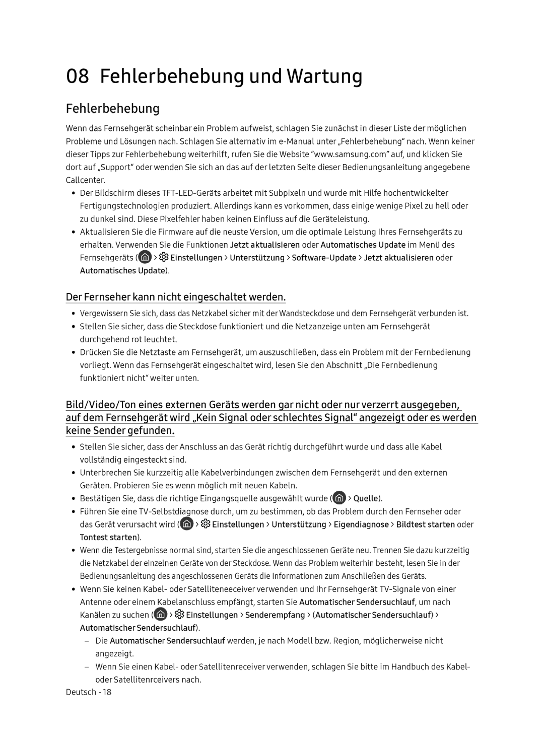 Samsung QE65Q8CNATXXC, QE65Q8CNATXXH manual Fehlerbehebung und Wartung, Der Fernseher kann nicht eingeschaltet werden 