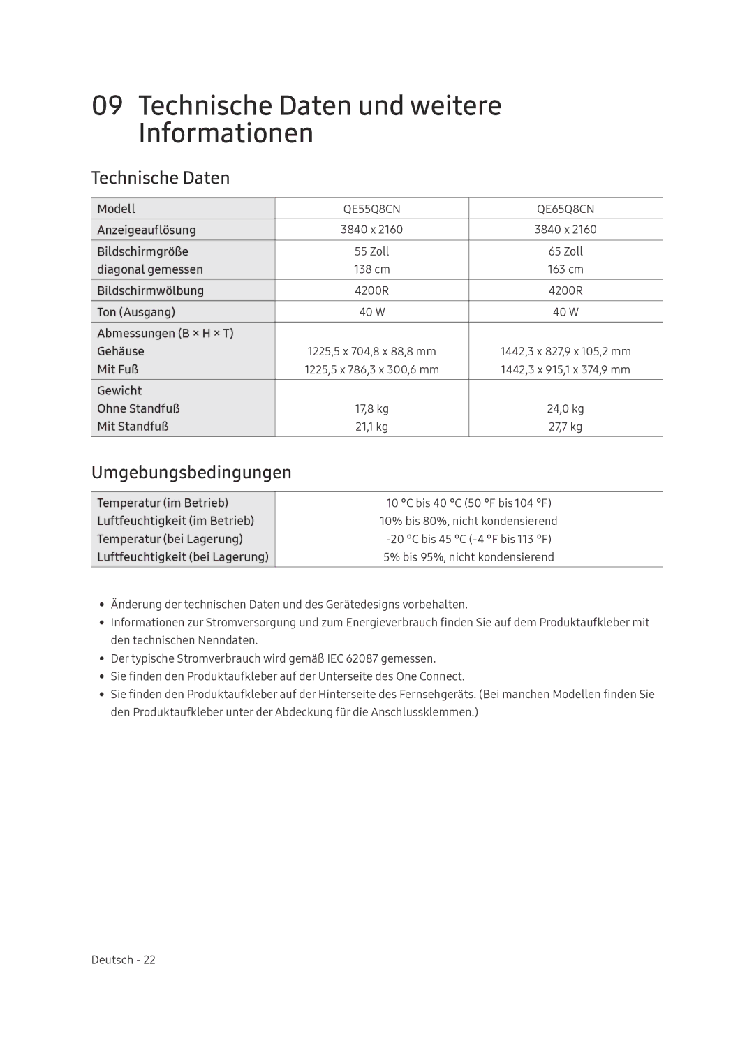 Samsung QE65Q8CNATXXC, QE65Q8CNATXXH manual Technische Daten und weitere Informationen, Umgebungsbedingungen 