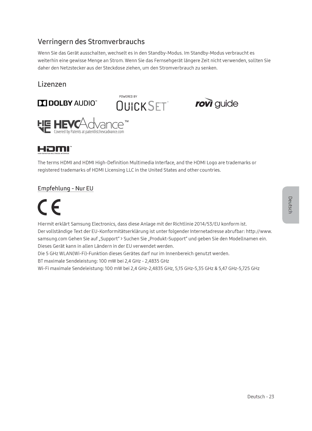 Samsung QE65Q8CNATXXH, QE65Q8CNATXXC manual Verringern des Stromverbrauchs, Lizenzen, Empfehlung Nur EU 