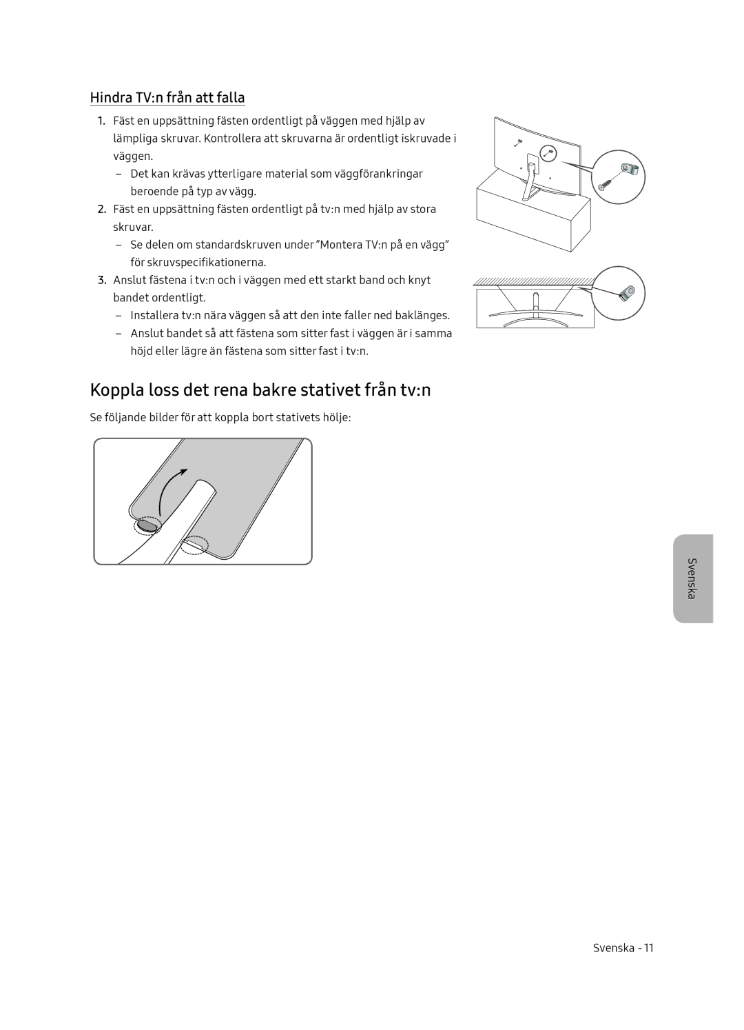 Samsung QE65Q8CNATXXH, QE65Q8CNATXXC manual Koppla loss det rena bakre stativet från tvn, Hindra TVn från att falla 