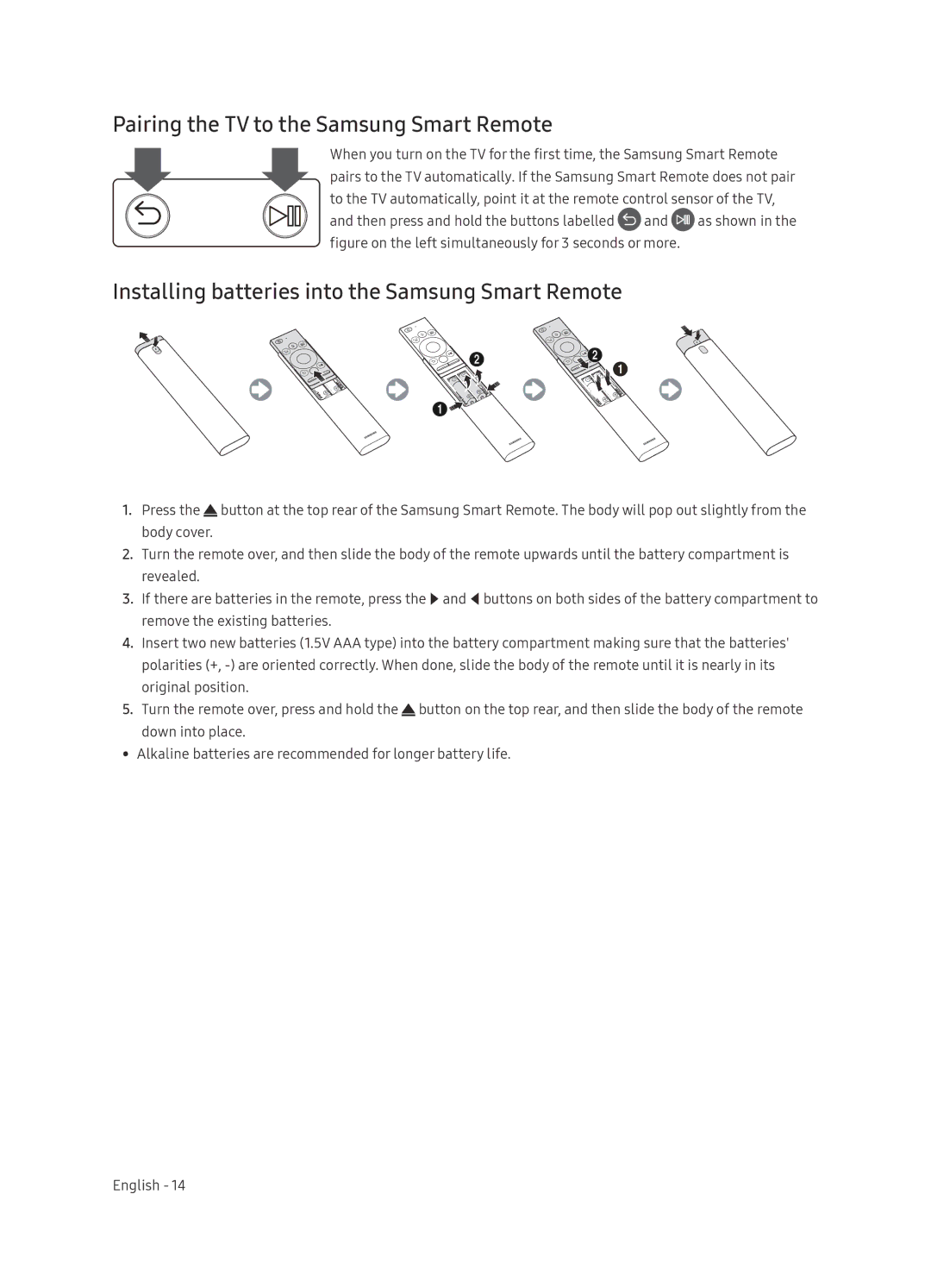 Samsung QE65Q8CNATXXC manual Pairing the TV to the Samsung Smart Remote, Installing batteries into the Samsung Smart Remote 