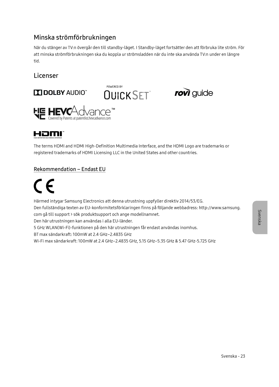 Samsung QE65Q8CNATXXH, QE65Q8CNATXXC manual Minska strömförbrukningen, Licenser, Rekommendation Endast EU 